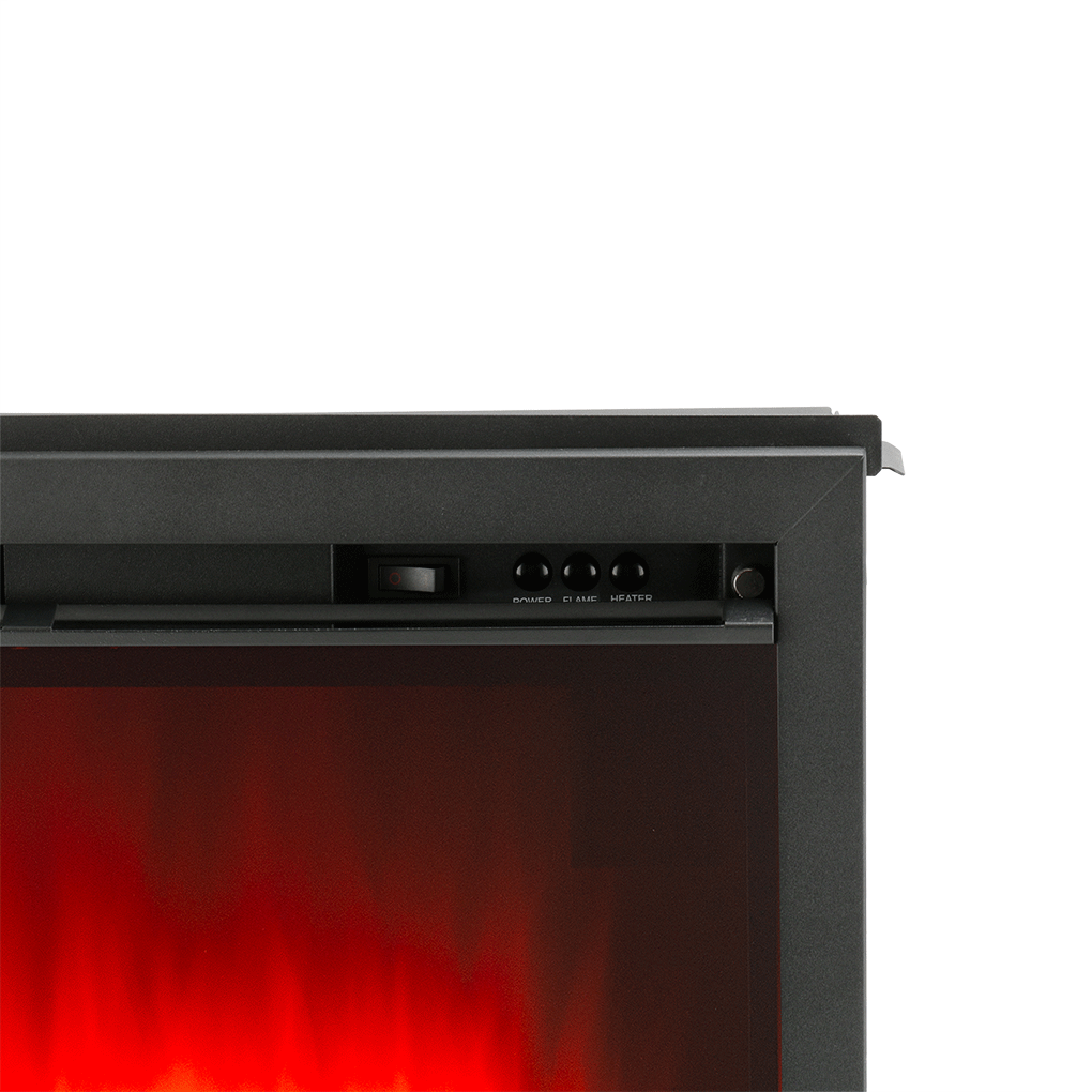 Elektrische haard met zwart frame. Bediening: schakelaar, vlam- en verwarmingsknoppen. Rood vlameffect onder de bediening.