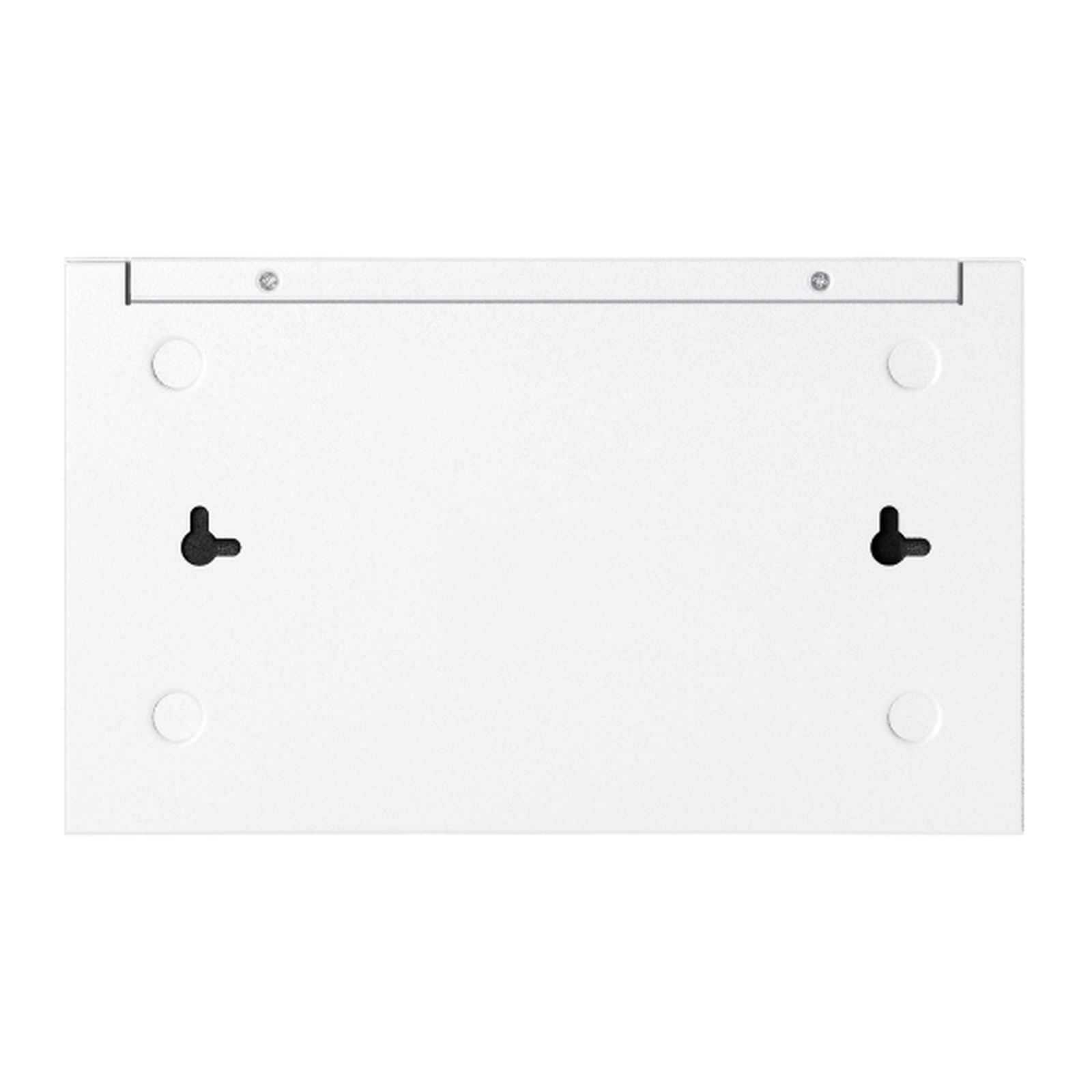 Białe prostokątne pudełko z otworami montażowymi i miejscami na śruby. Widoczne są dwa czarne wieszaki z otworem na klucz.