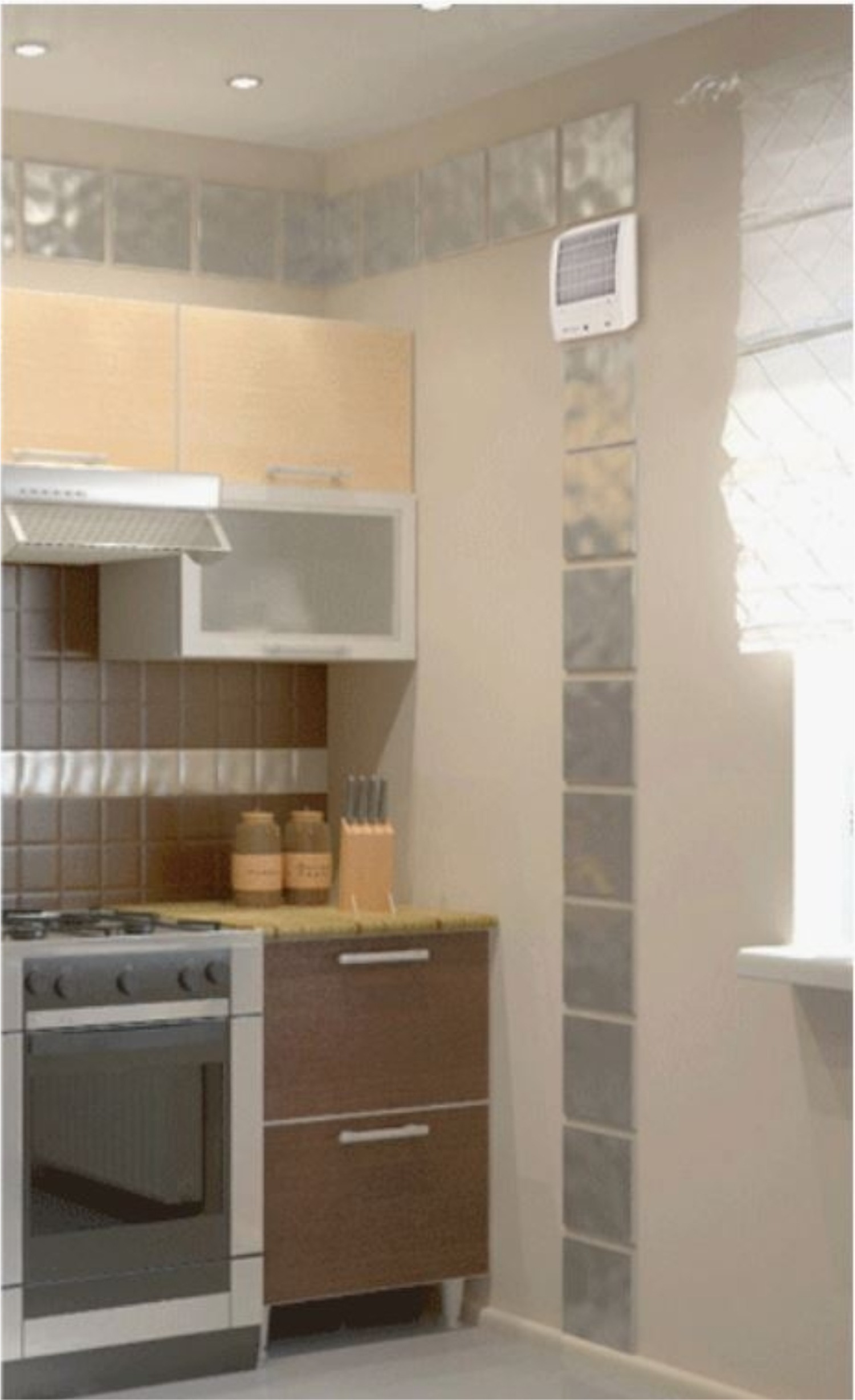 Kücheninterieur. Herd, Schränke und ein weißer Heizkörper an der Wand. Dekorative Fliesen und ein Fenster mit Jalousie.