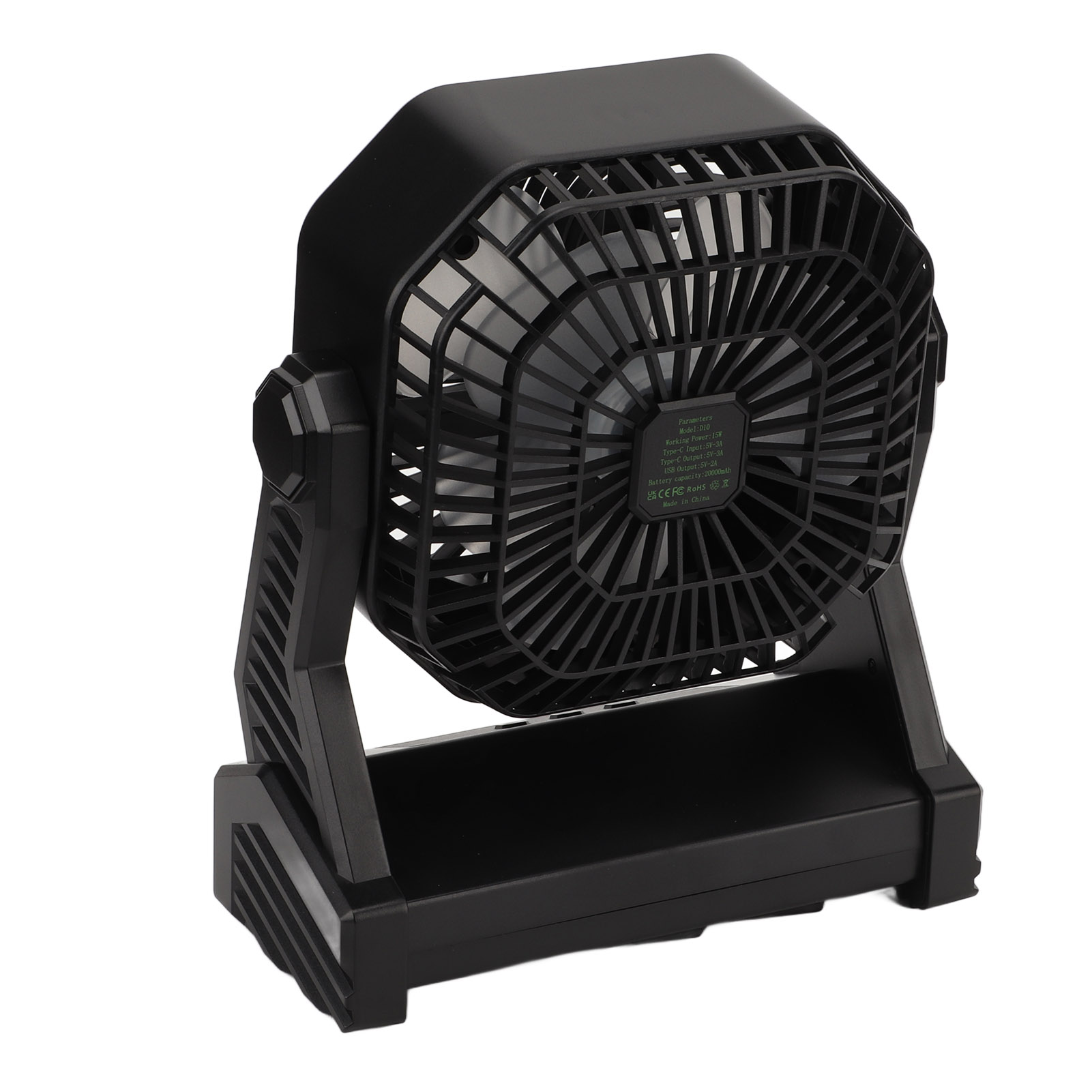 Schwarzer tragbarer Ventilator mit Schutzgitter und verstellbarem Ständer. Der Ventilator ist nach oben geneigt.