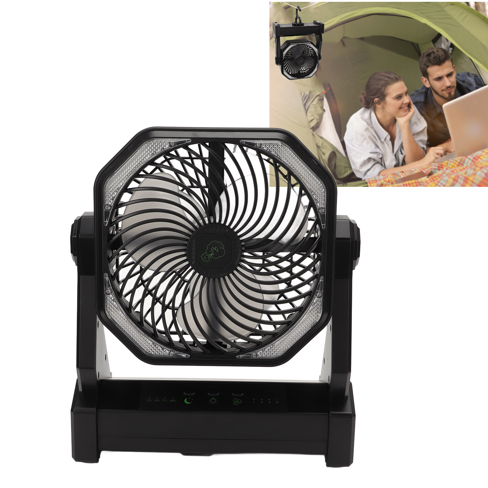 Schwarzer Ventilator mit LED-Leuchten und einem kleinen, hängenden Ventilator. Ein Paar benutzt einen Laptop im Zelt.