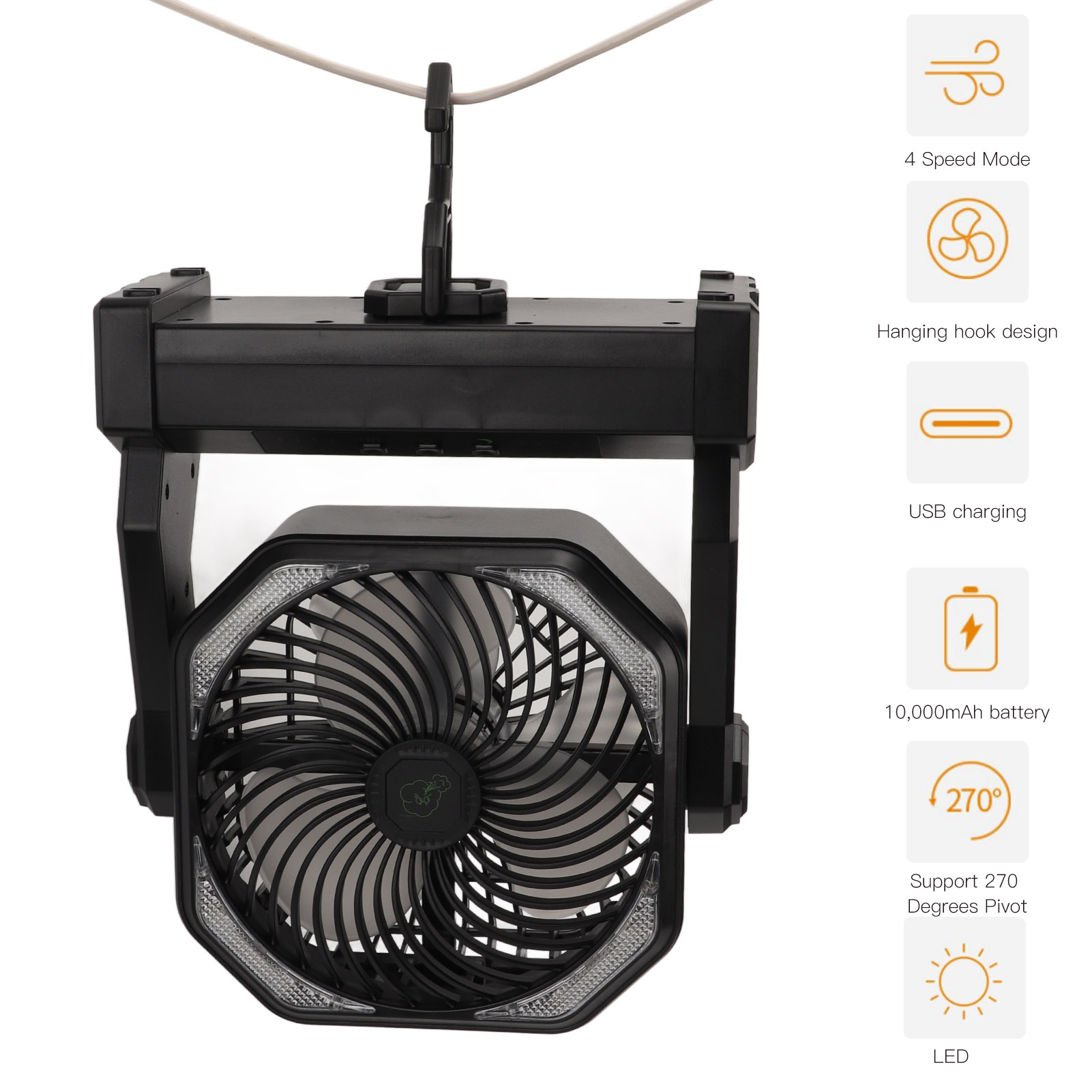 Ein schwarzer Ventilator mit LED-Leuchten, der an einem weißen Kabel hängt. Zu den Merkmalen gehören USB-Aufladung und ein 10.000-mAh-Akku.
