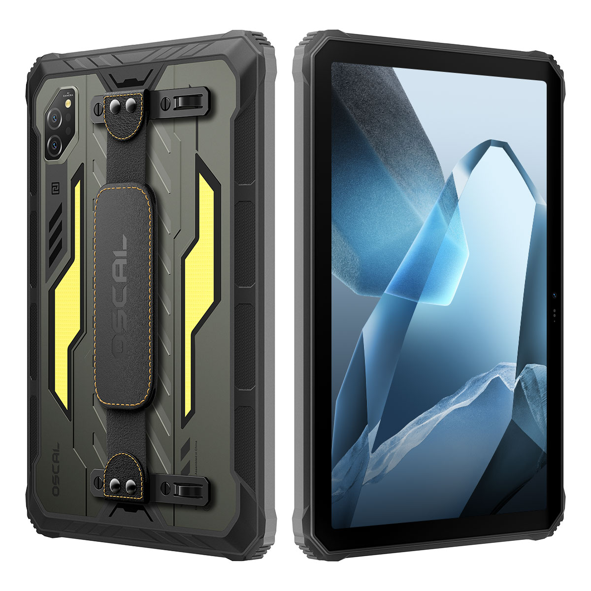 Tablet in een robuuste hoes. De hoes is groen en zwart met een gele accent en een handriem. Het scherm toont een abstracte afbeelding.