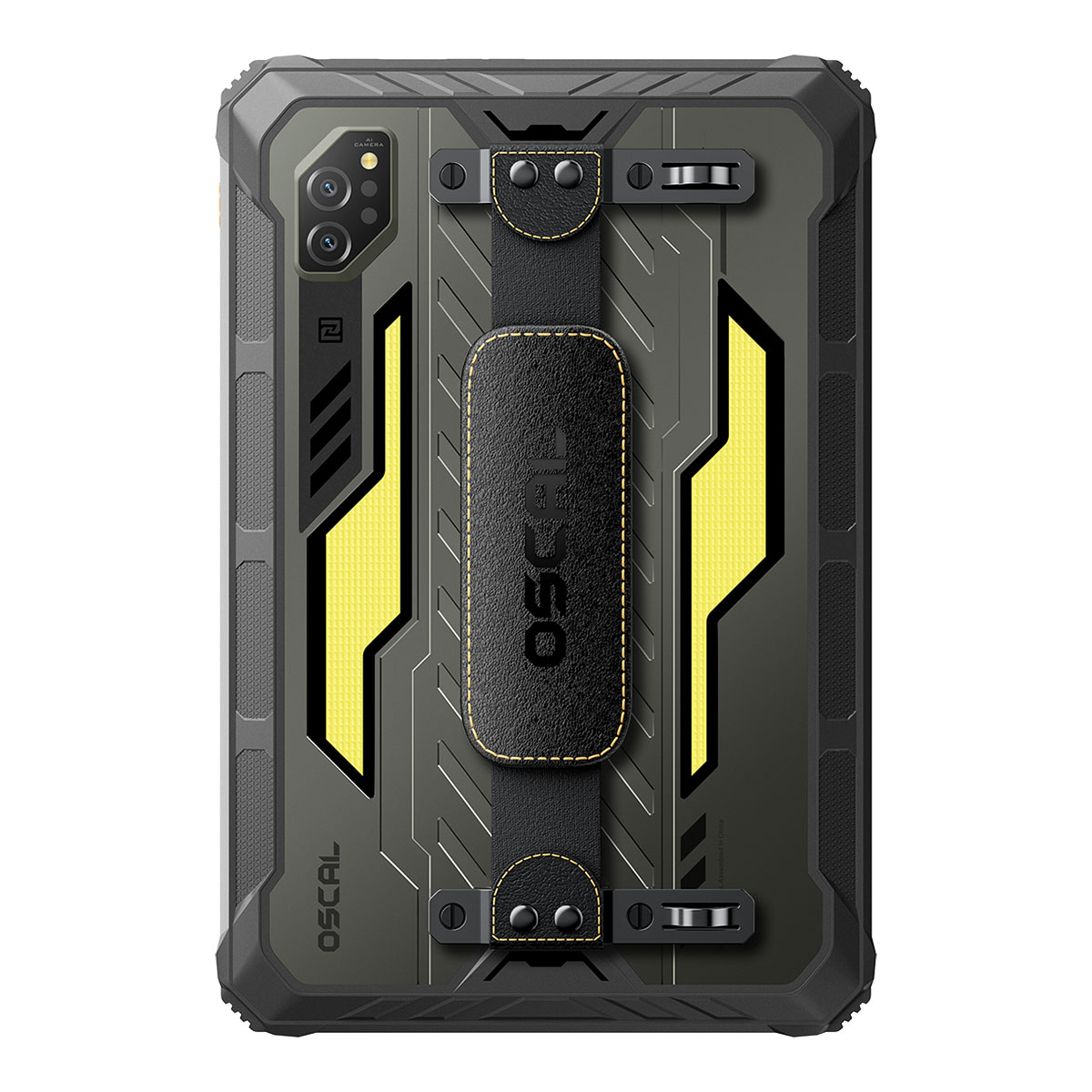 Tablet met een zwarte en gele beschermhoes. Een zwarte leren handriem is gecentreerd met de merknaam OSCAL.