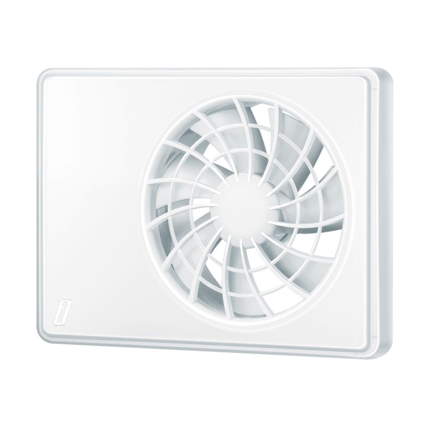 Un ventilatore bianco con una griglia circolare in un telaio quadrato. Il ventilatore ha un mozzo centrale e lame radiali.