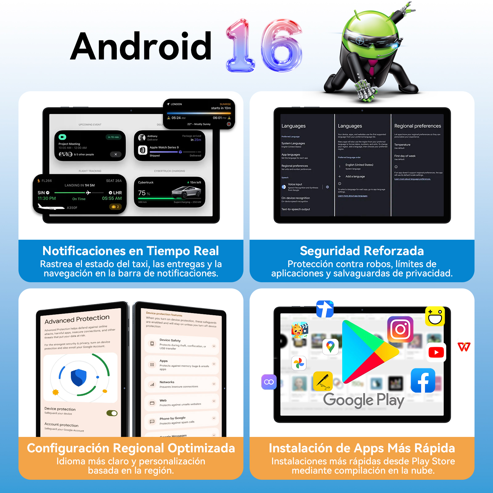 Anuncio de Android 16 con interfaz de aplicación, robot verde y logotipo de Google Play sobre fondo azul.