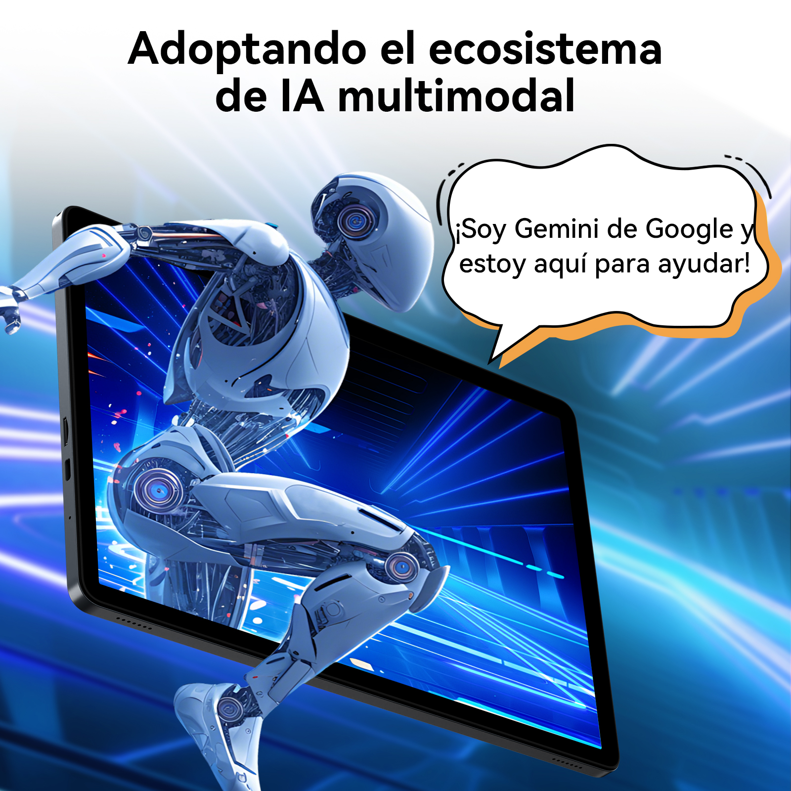 Un robot emerge de una tableta, el texto dice 'Adoptando el ecosistema de IA multimodal' y una burbuja dice 'Soy Gemini'.