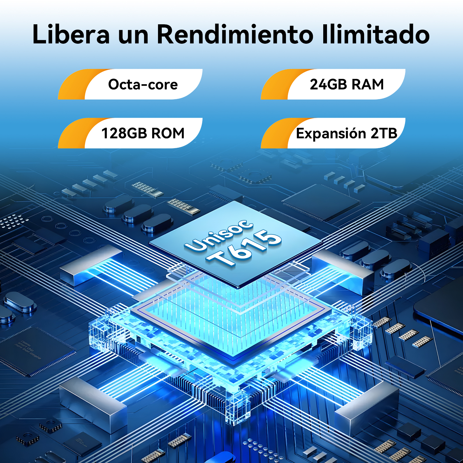 Una placa de circuito azul con chips y texto. El texto incluye 'Octa-core', '24GB RAM', '128GB ROM' y 'Expansión 2TB'.