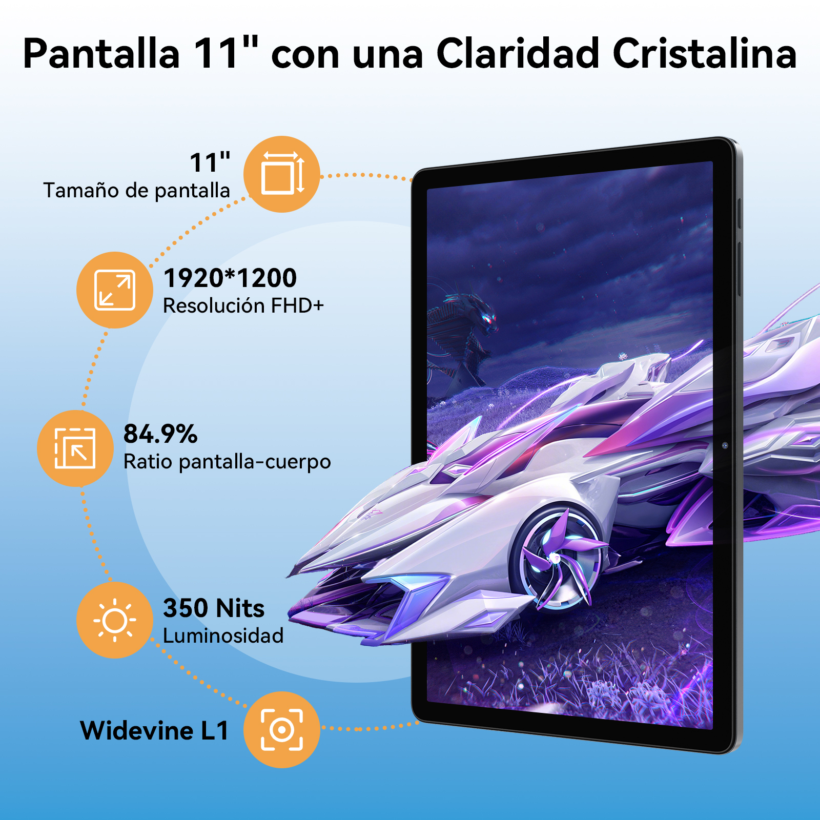 Una tableta con pantalla de 11 pulgadas, mostrando especificaciones y un gráfico de coche futurista.