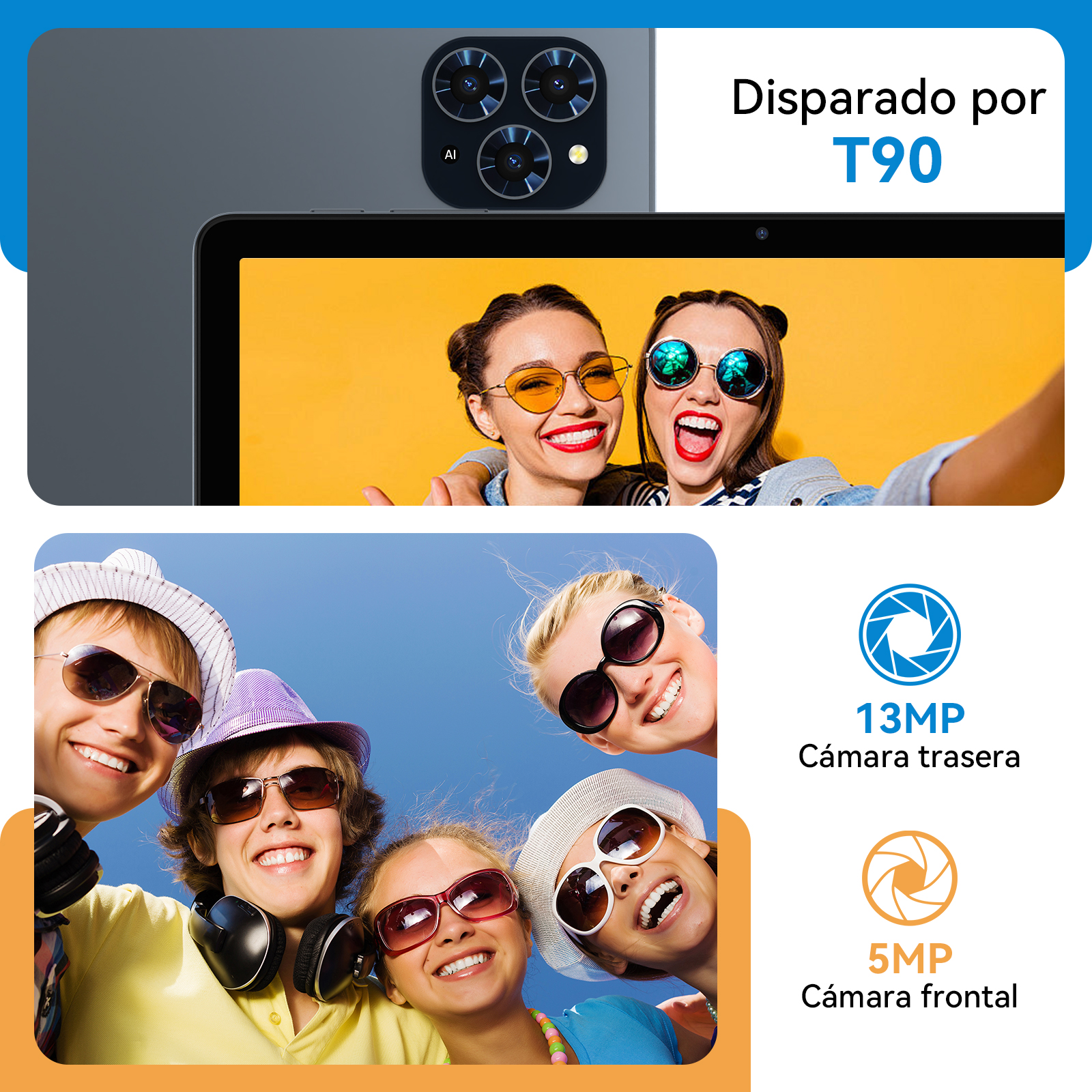 La imagen muestra a personas tomando selfies. Destaca las funciones de la cámara de la tableta.