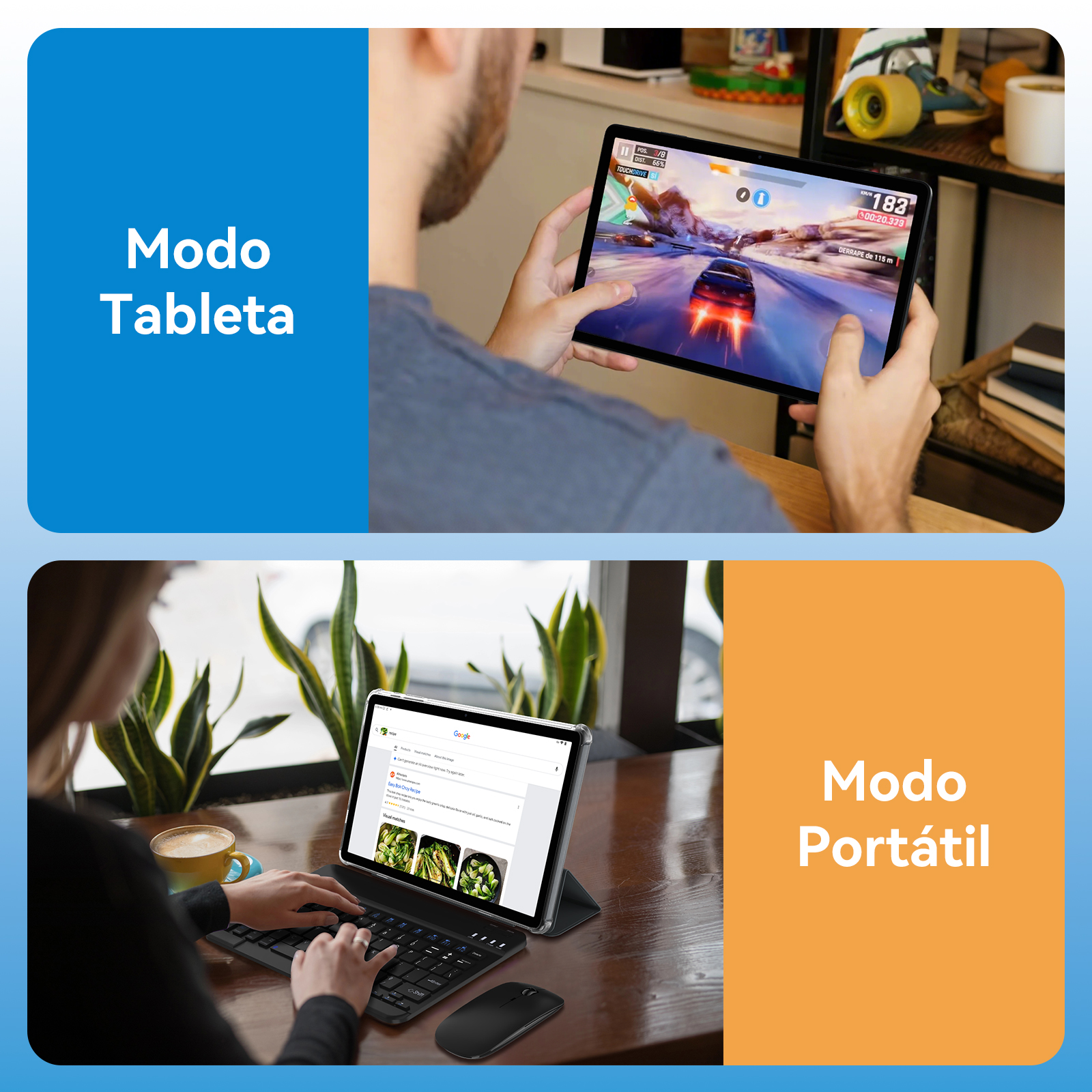 Arriba: hombre juega juego de carreras en tableta. Abajo: mujer usa tableta con teclado, ratón. Textos: Modo Tableta, Modo Portátil.