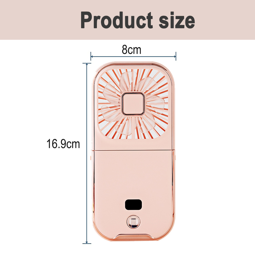 Ein roséfarbener, faltbarer Ventilator mit Maßangaben. Die Produktgröße wird mit 8 cm Breite und 16,9 cm Höhe angezeigt.