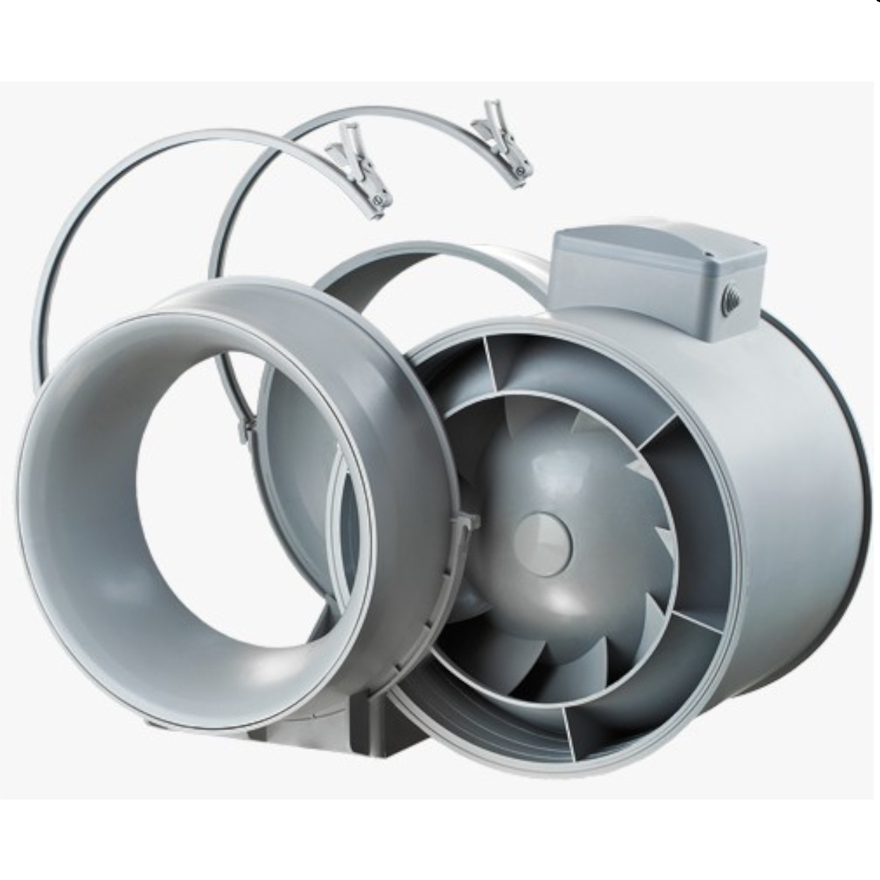 Zerlegter grauer Ventilator mit kreisförmigem Design. Komponenten umfassen einen zylindrischen Körper, ein Lüfterrad und Halterungen.