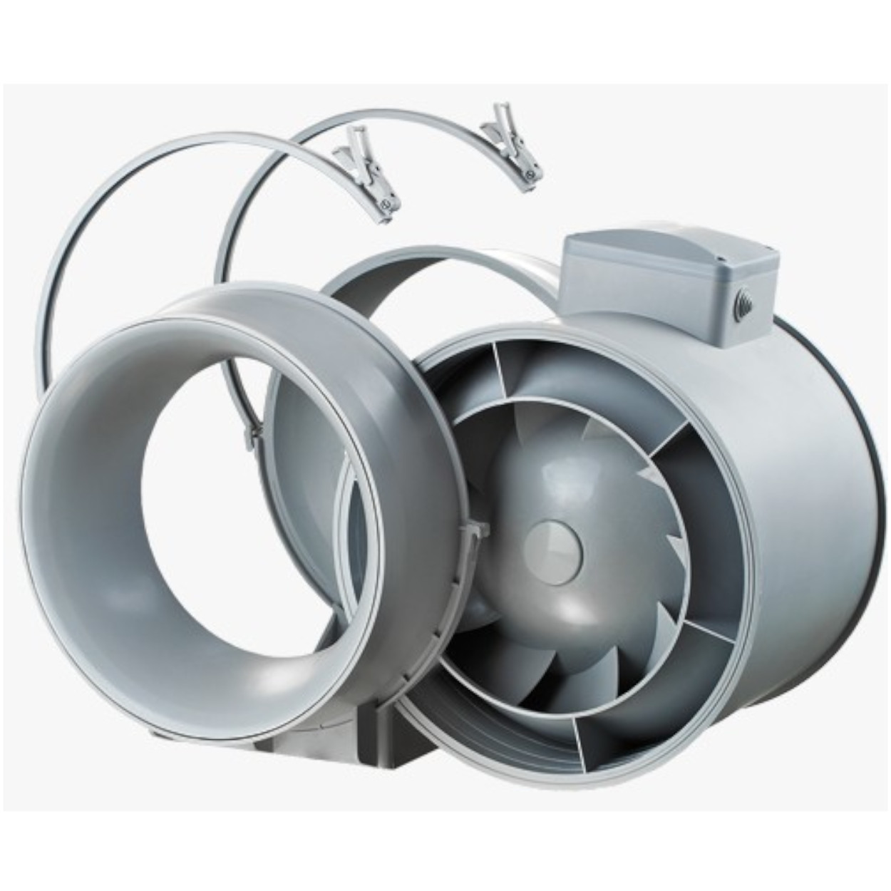 Ein grauer Inline-Rohrventilator mit zylindrischem Körper, rundem Einlass und Halterungen. Es ist für die Belüftung konzipiert.