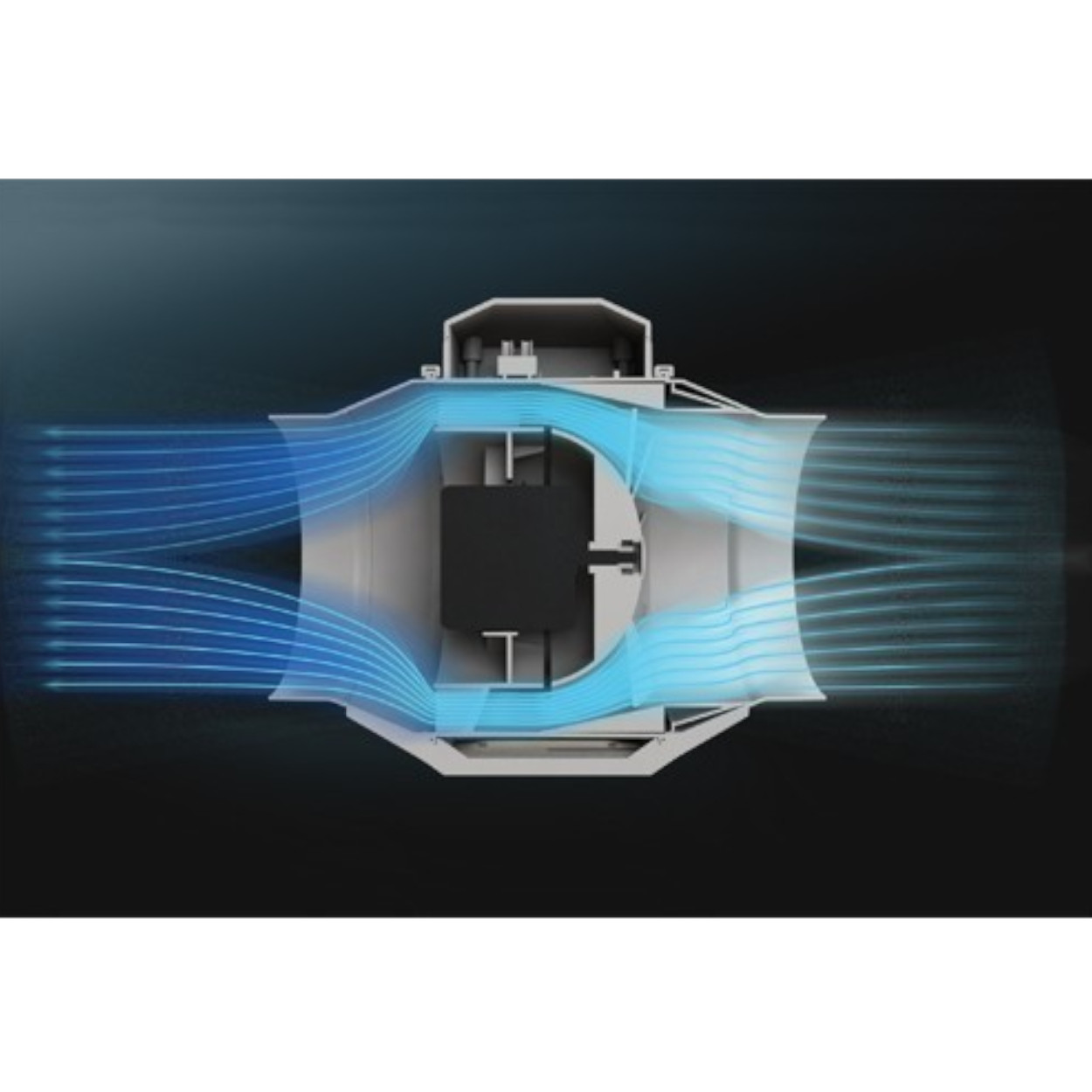 Ein weiß-schwarzer Ventilator mit blauen Luftströmungslinien auf dunklem Hintergrund. Der Ventilator ist zentriert, die Luft strömt beidseitig aus.
