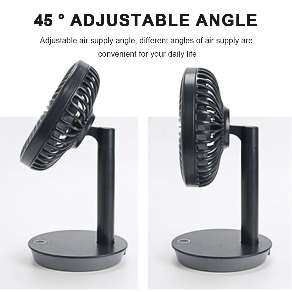 Zwei schwarze Tischventilatoren mit verstellbaren Winkeln. Der Text lautet '45° Adjustable Angle' und beschreibt die verstellbare Luftzufuhr.