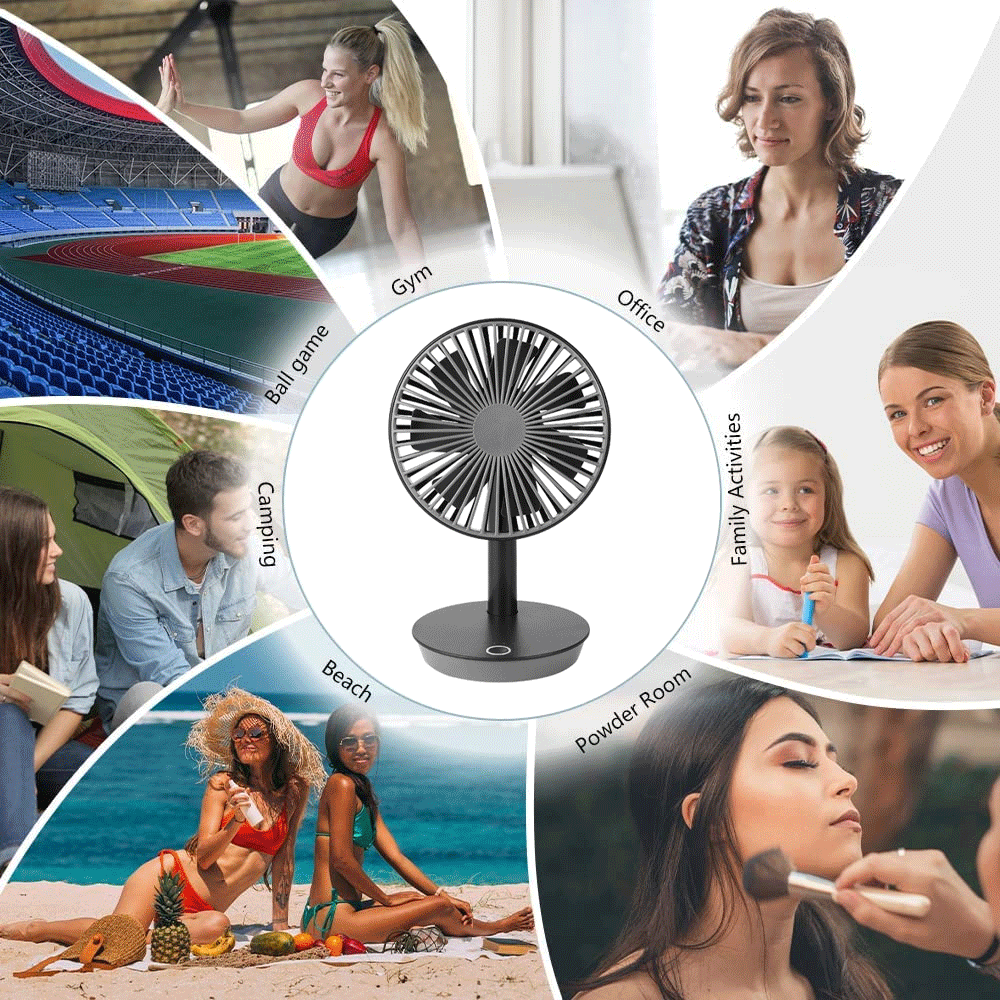 Ein Ventilator ist umgeben von Bildern verschiedener Aktivitäten: Fitnessstudio, Ballspiel, Büro, Familienaktivitäten, Ankleidezimmer, Strand und Camping.