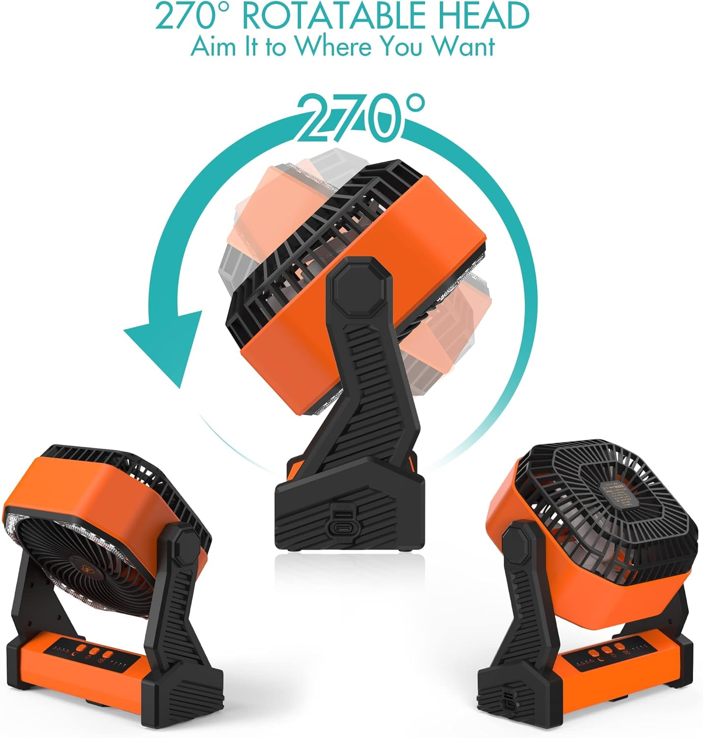 Ein orange-schwarzer Ventilator mit einem um 270 Grad drehbaren Kopf. Er wird in drei verschiedenen Positionen gezeigt, wobei ein Pfeil die Drehung anzeigt.