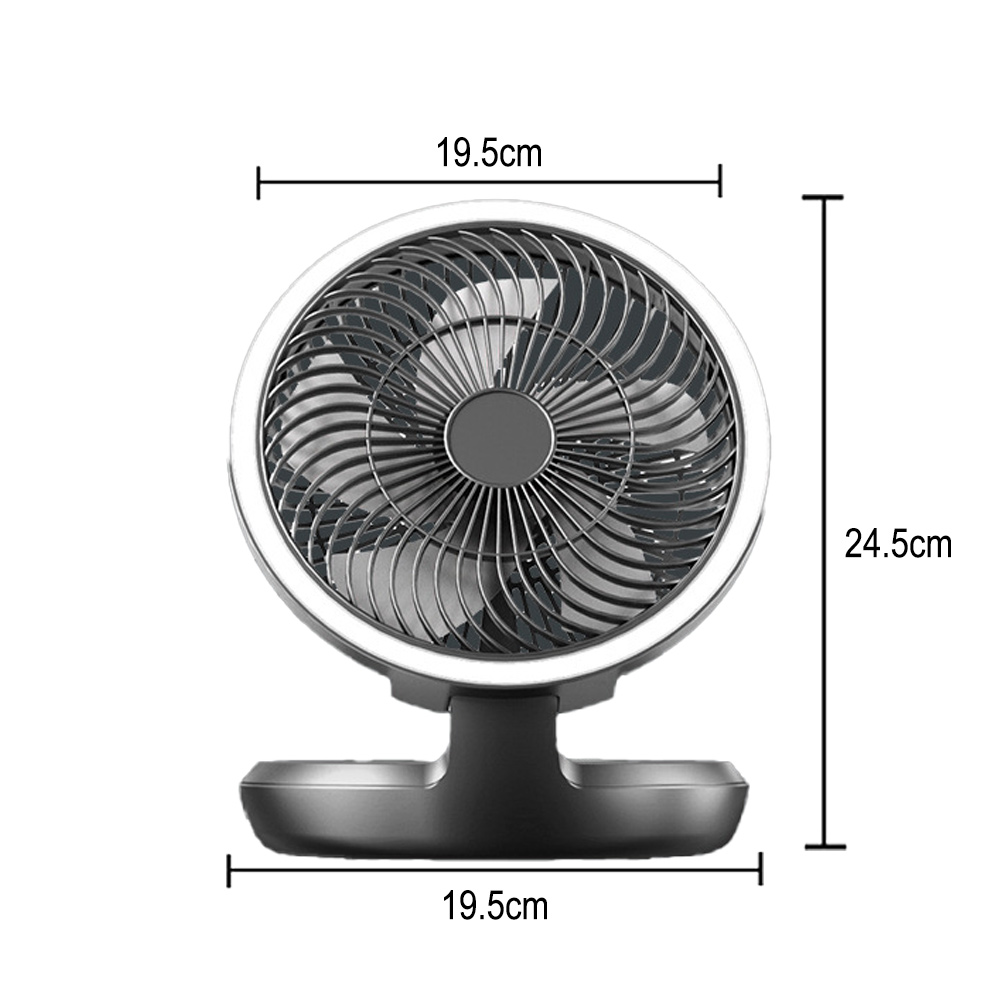 Ein weiß-schwarzer Ventilator mit den Maßen 19,5 cm x 24,5 cm. Er hat einen kreisförmigen Rahmen und einen Sockel.