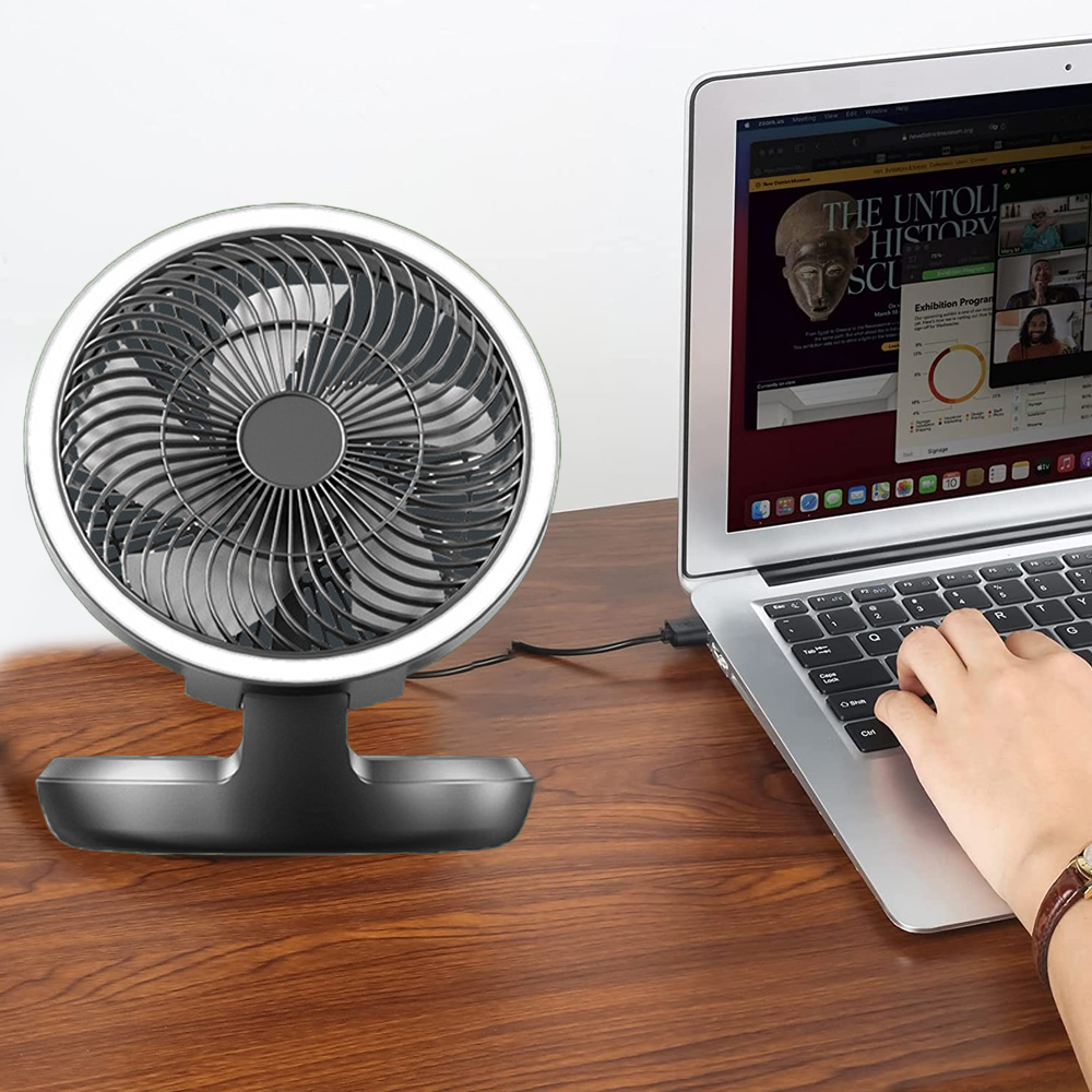 Ein Tischventilator steht neben einem Laptop. Eine Hand tippt auf dem Laptop. Der Bildschirm zeigt einen Videoanruf.