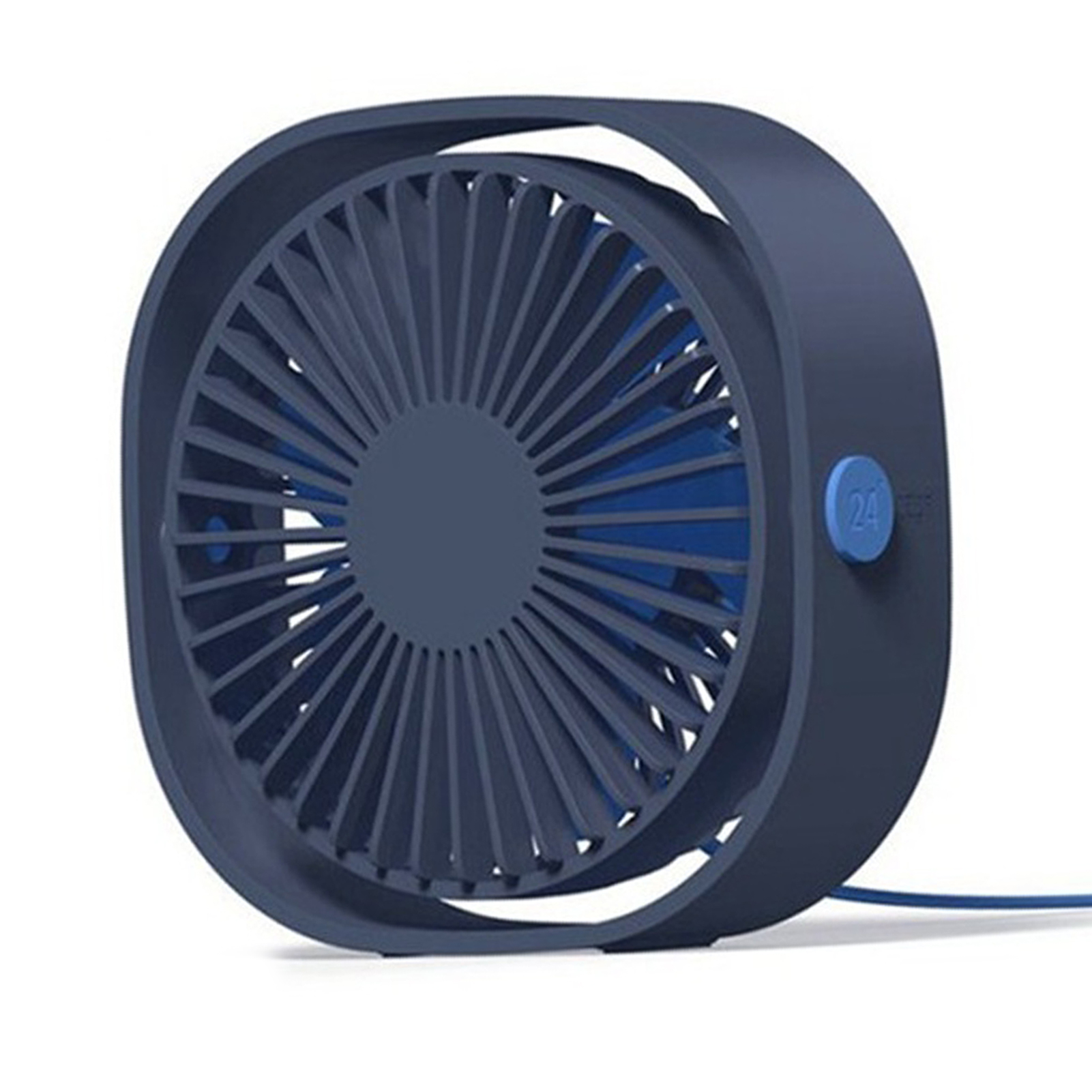 Ein marineblauer Schreibtischventilator. Der Ventilator hat ein kreisförmiges Design mit Flügeln und einem Einschaltknopf an der Seite.