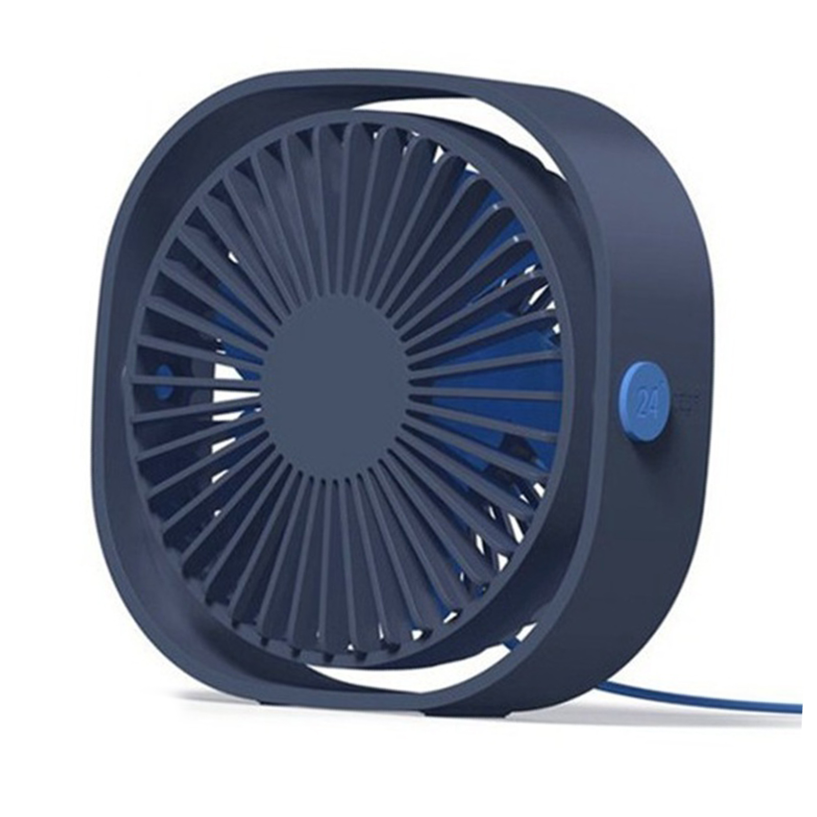 Ein dunkelblauer Schreibtischventilator mit rundem Käfig und blauem Knopf. Der Lüfter steht auf weißem Untergrund.