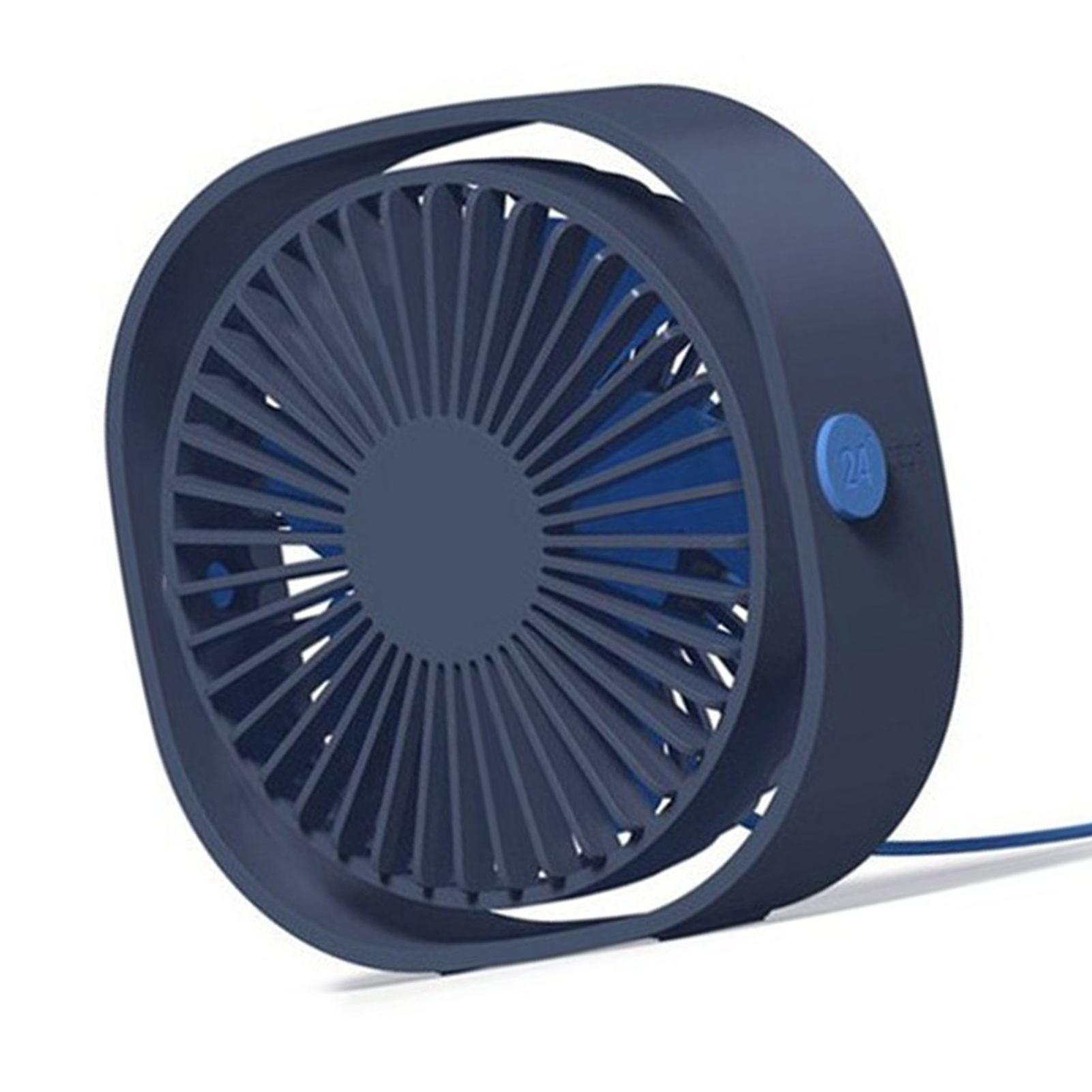Ein dunkelblauer Schreibtischventilator mit rundem Käfig und blauen Flügeln. Er hat einen blauen Knopf und ein blaues Kabel.