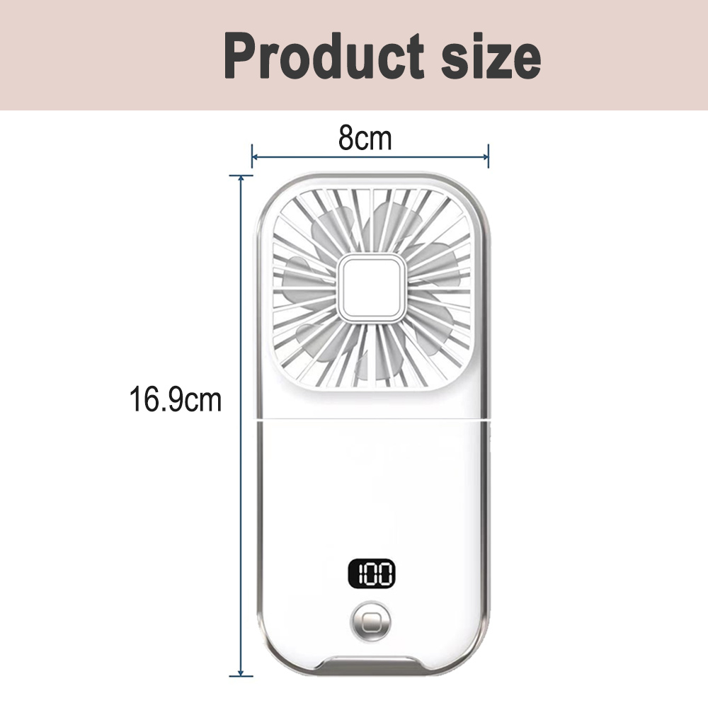 Ein weißer und transparenter tragbarer Ventilator mit Maßangaben. Der Ventilator zeigt den Akkustand als 100%.