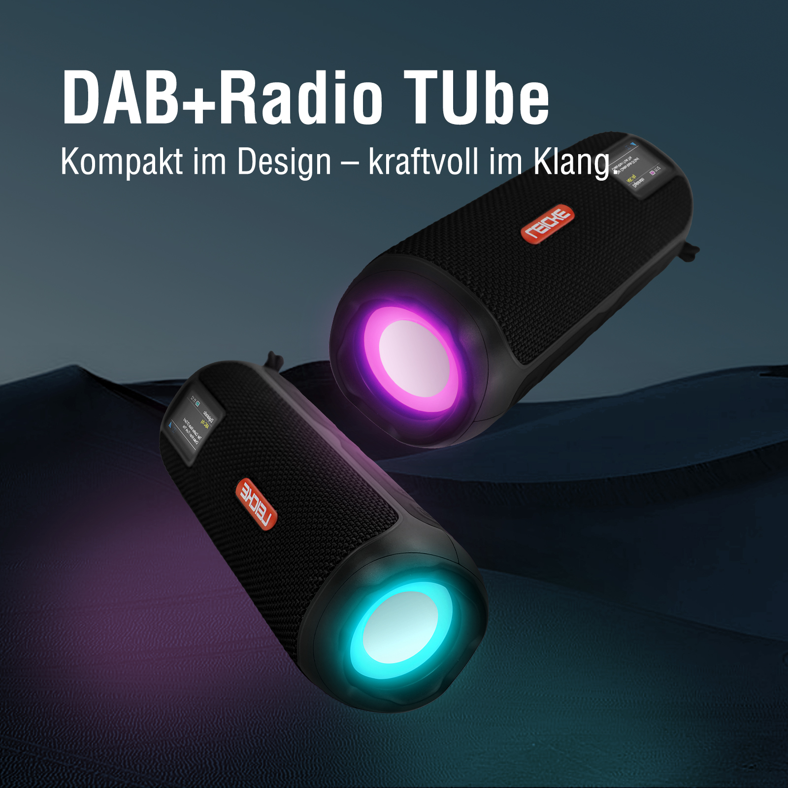 Due altoparlanti neri con centri luminosi, uno viola, uno blu, testo: DAB+Radio Tube.