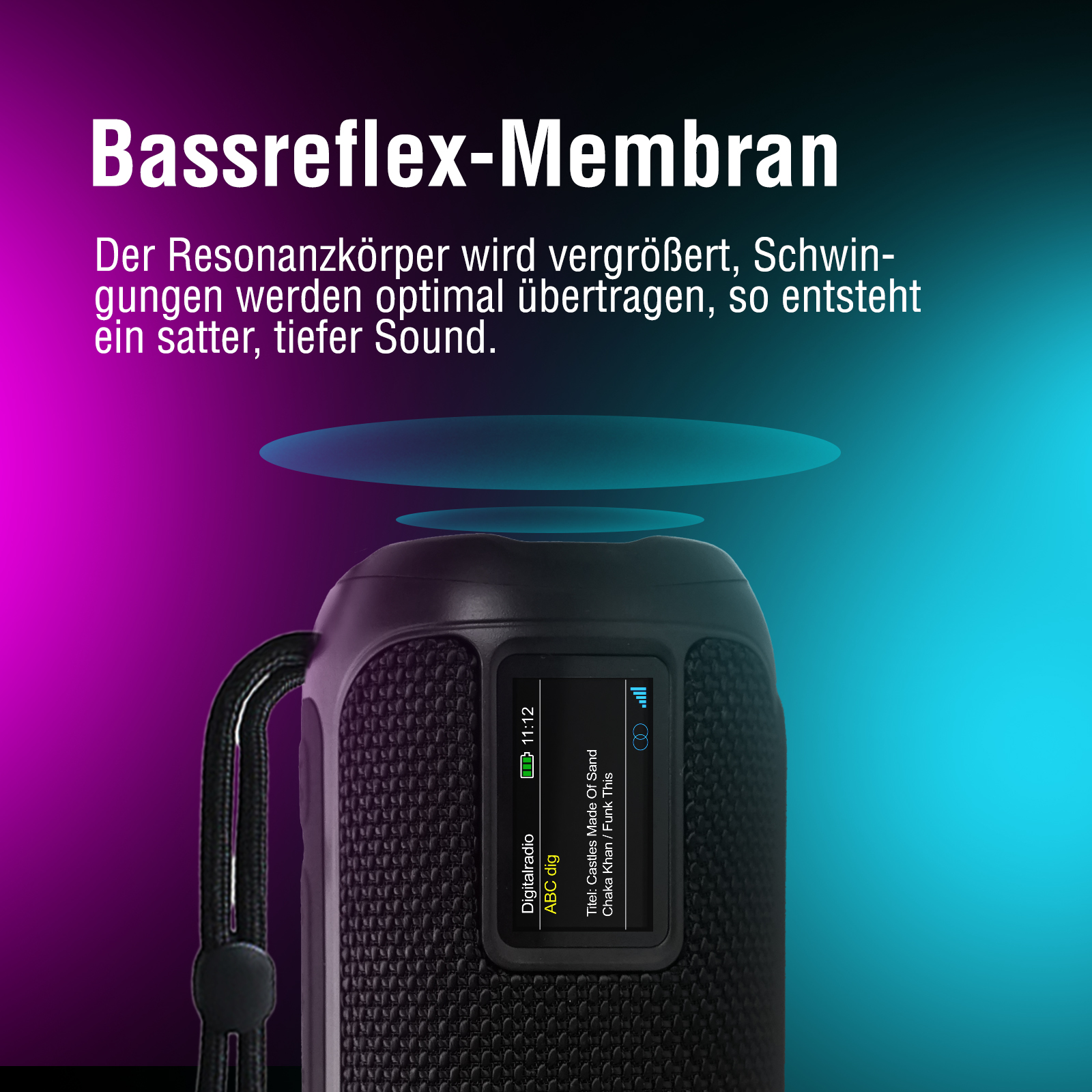 Schwarzer Lautsprecher mit Bildschirm. Lila und blauer Hintergrund. Text: Bassreflex-Membran.