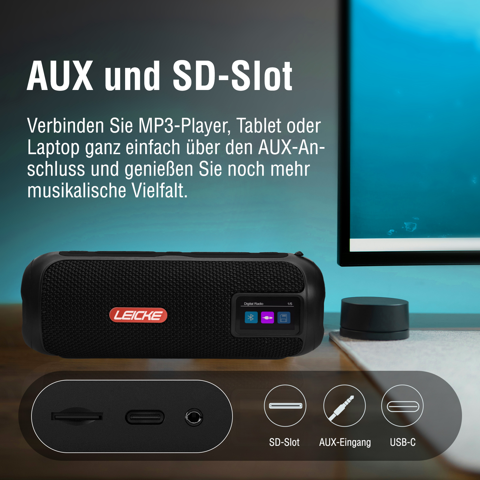 Altoparlante nero con slot SD e ingresso AUX. Il testo dice 'AUX und SD-Slot'. Include una porta USB-C.