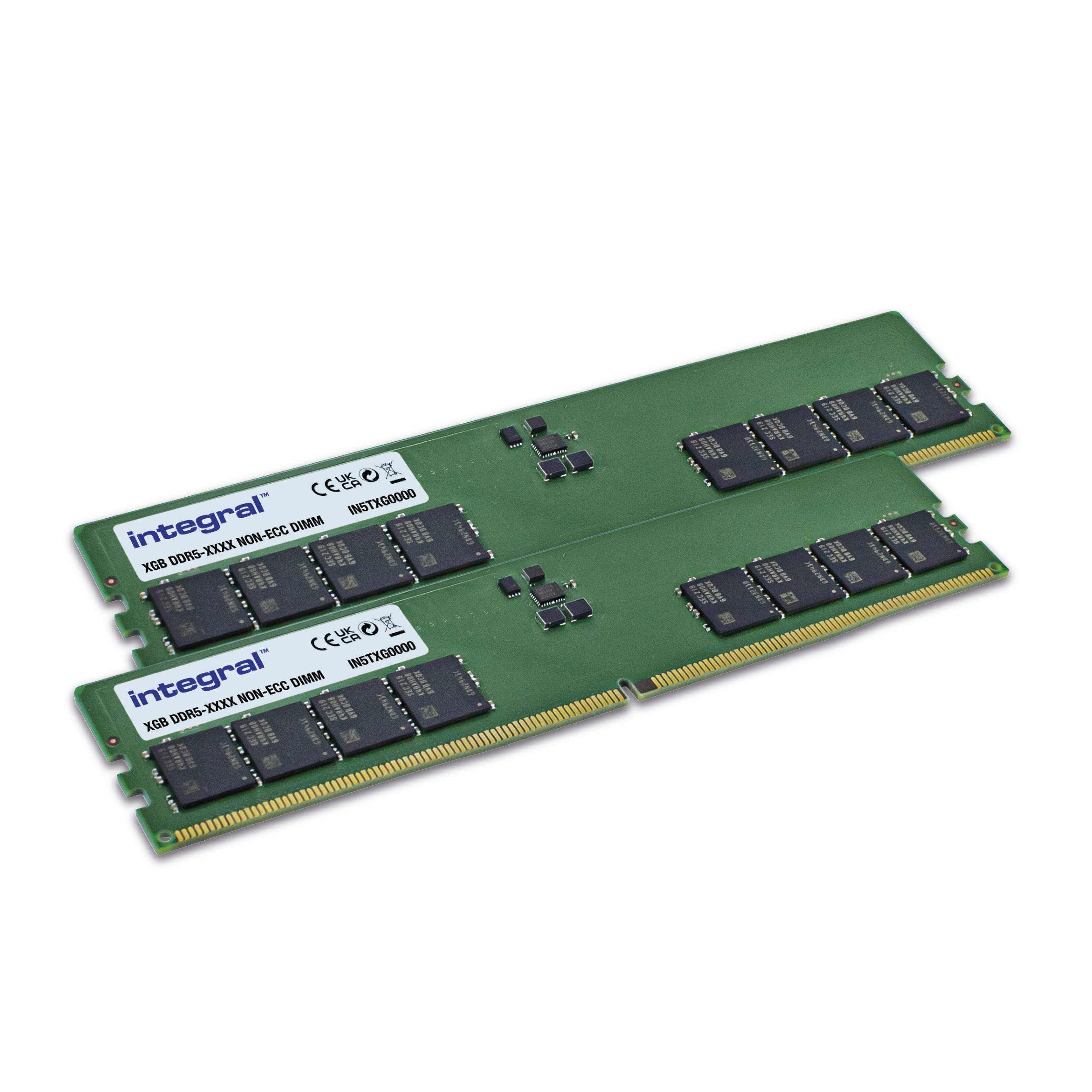 Due moduli RAM verdi con chip neri e marchio Integral, su sfondo bianco.