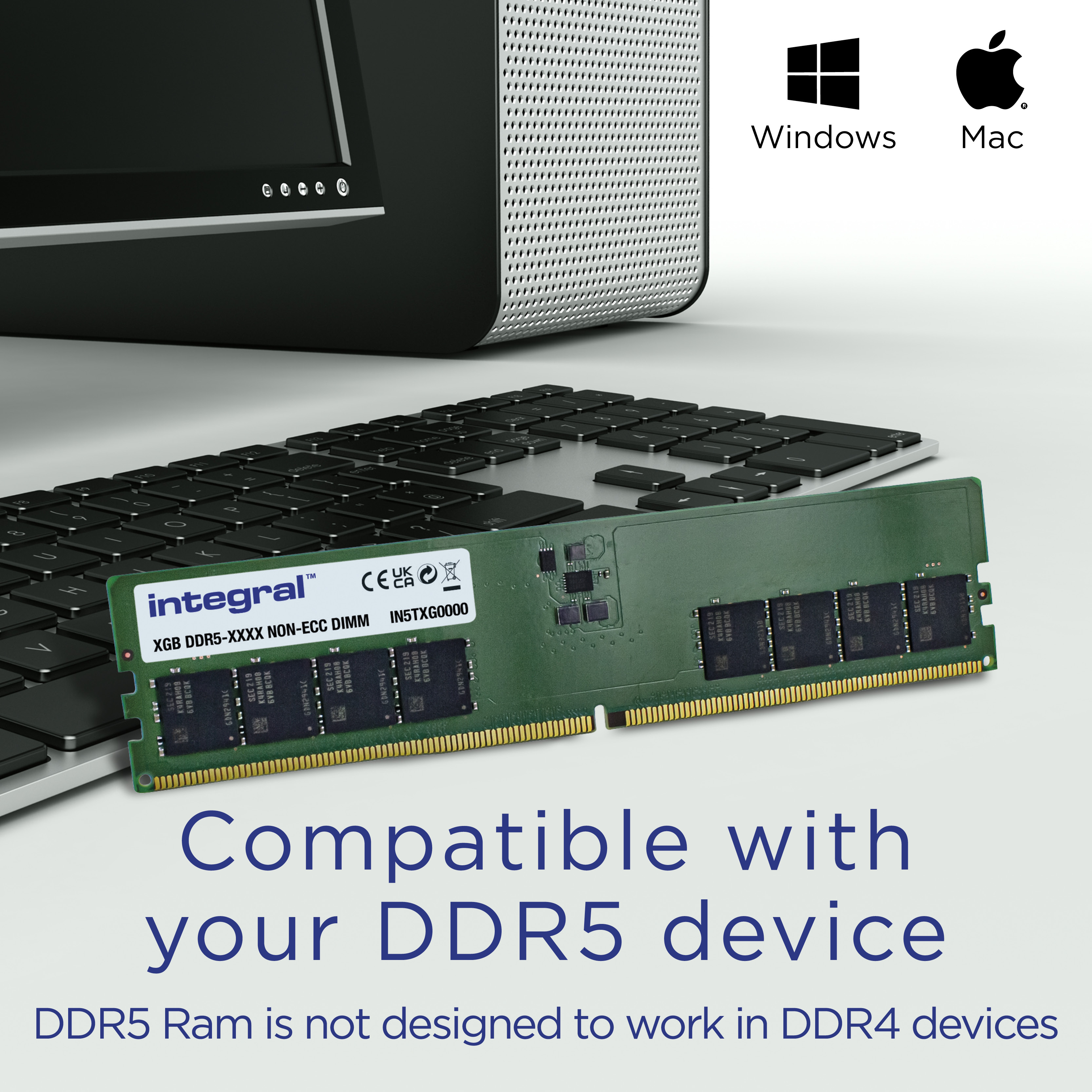 Una chiavetta RAM su una tastiera. Loghi Windows e Mac in alto a destra. Testo: Compatibile con il tuo dispositivo DDR5.