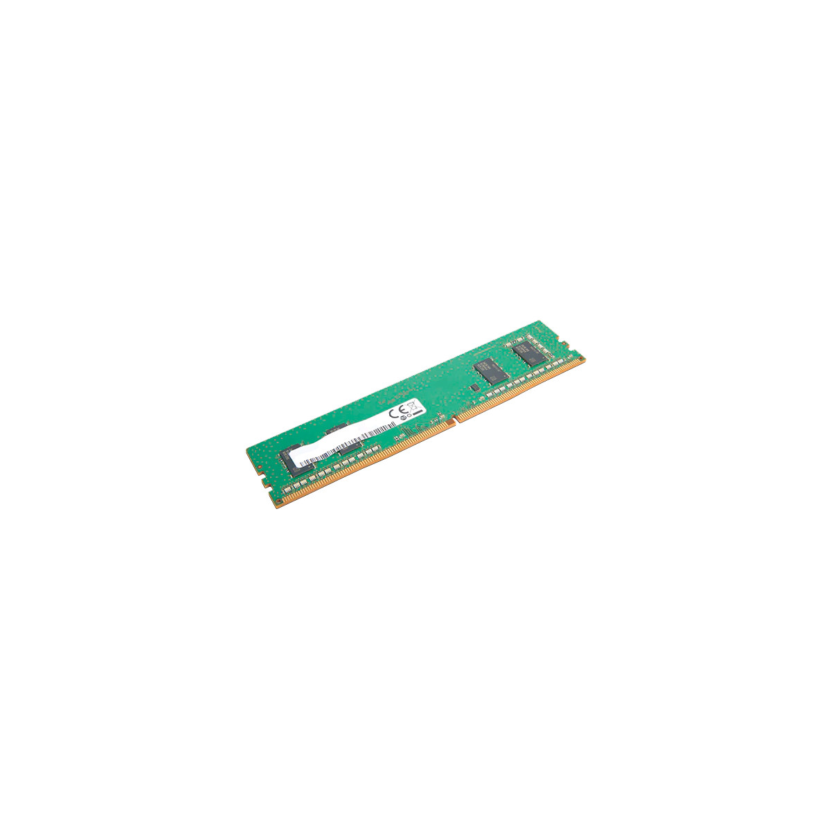 Una memoria RAM verde con connettori dorati, su sfondo bianco. Ha chip e un'etichetta.