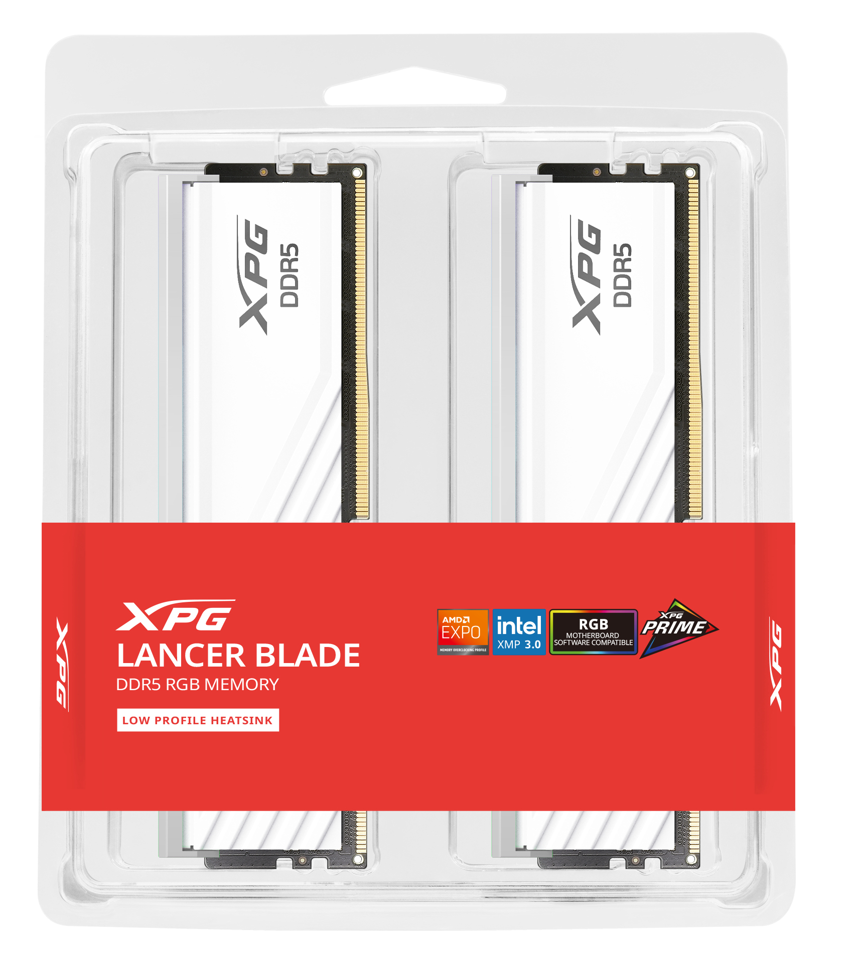 Pamięci XPG Lancer Blade DDR5 RGB w przezroczystym plastikowym opakowaniu z czerwoną etykietą.