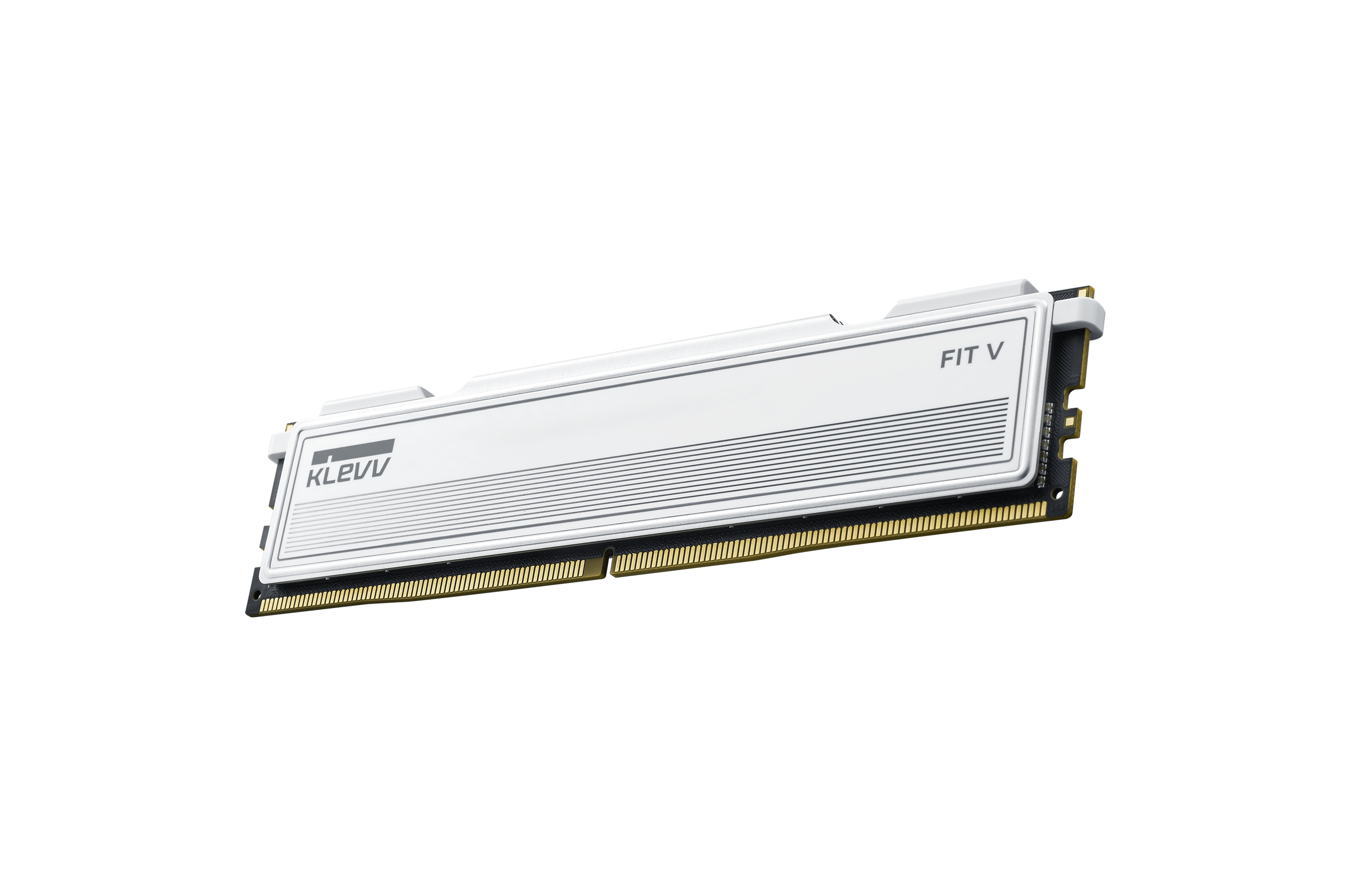 Een witte en zilveren Klevv Fit V RAM-module op een zwarte achtergrond. De RAM heeft gouden connectoren.