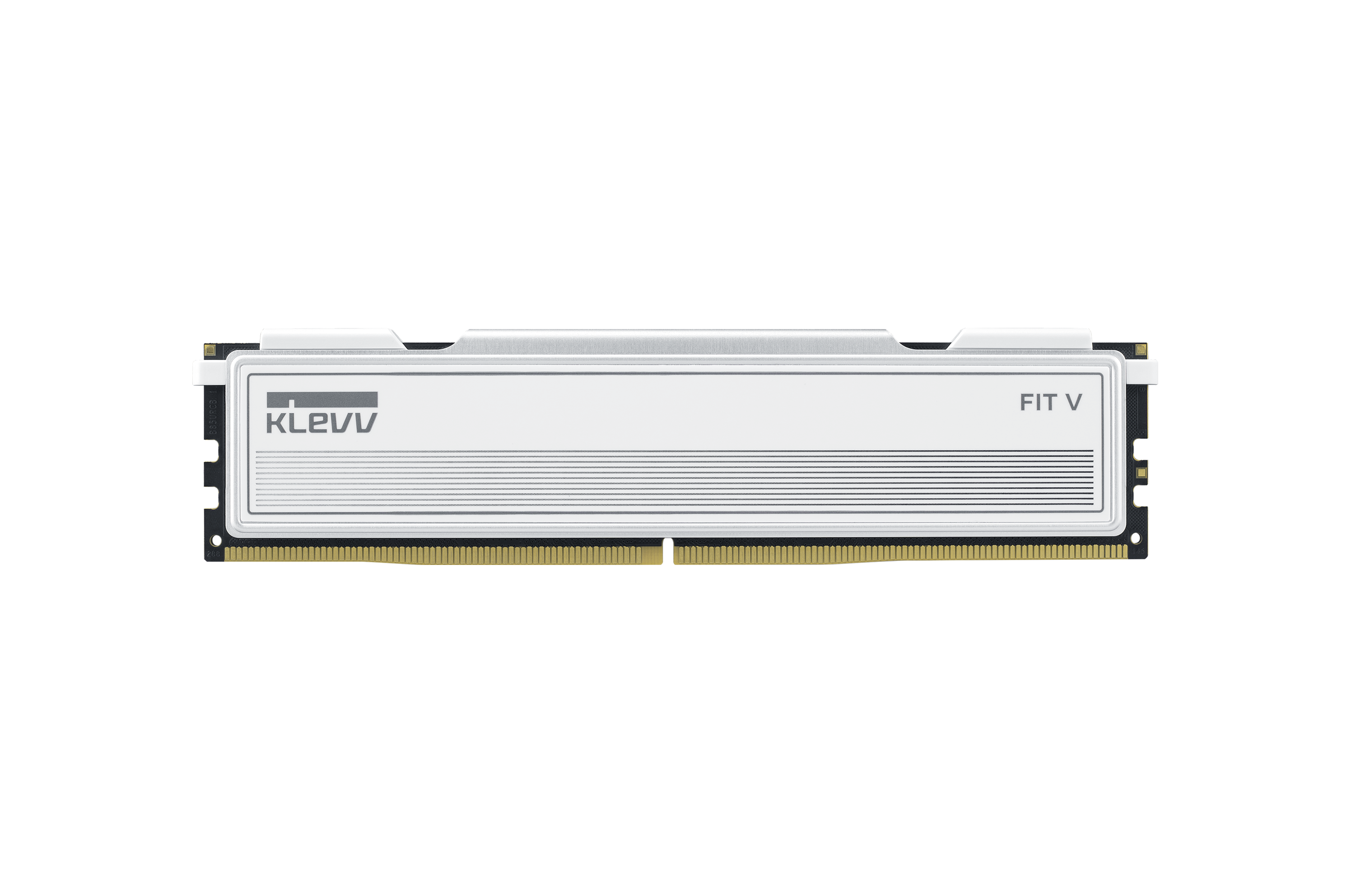 Een RAM-module met wit en zilver design, het merk Klevv is zichtbaar. De achtergrond is zwart.