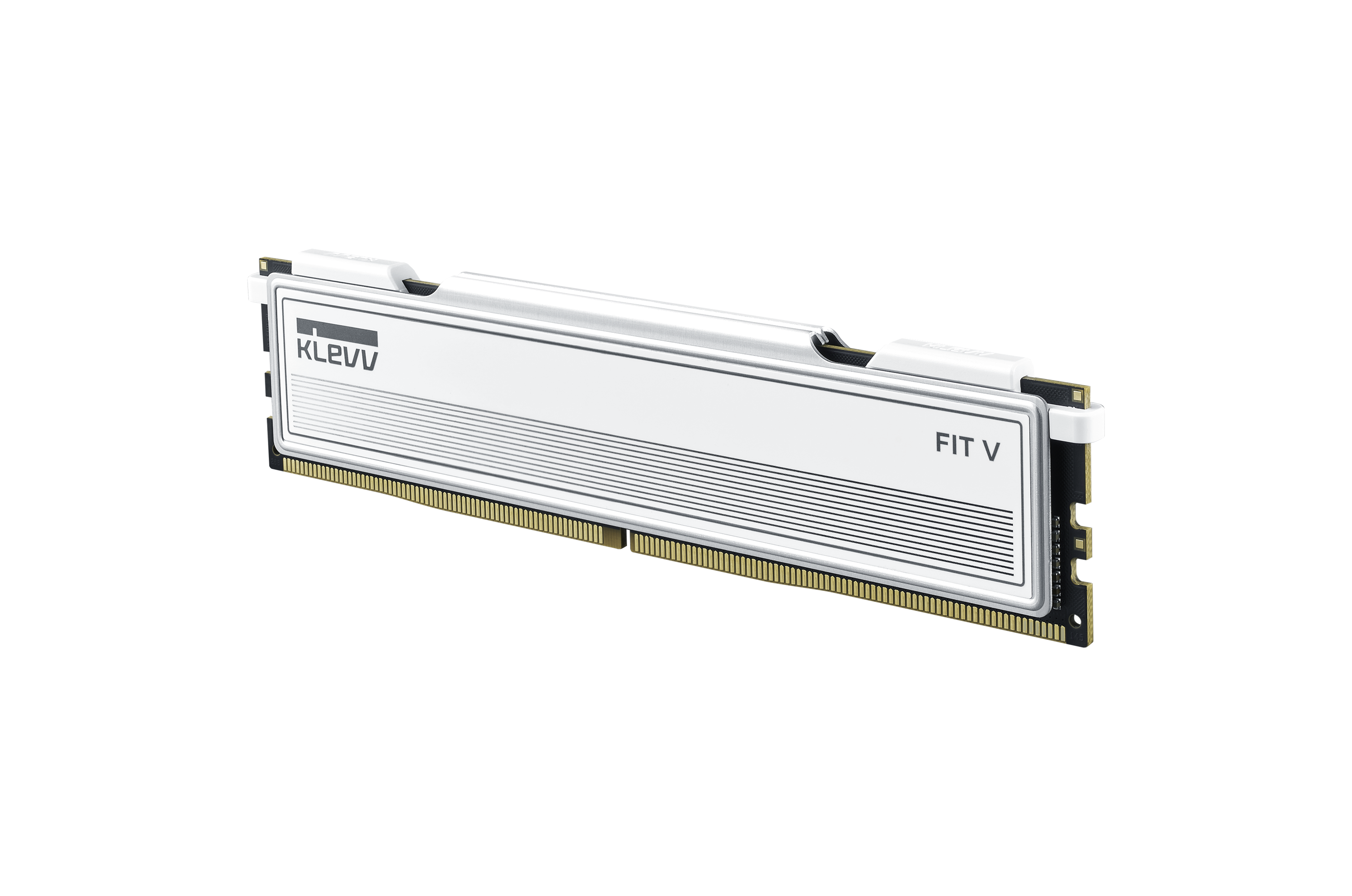 Een witte en zilveren RAM-module op een zwarte achtergrond. Het merk is KLEVV, het model is FIT V.