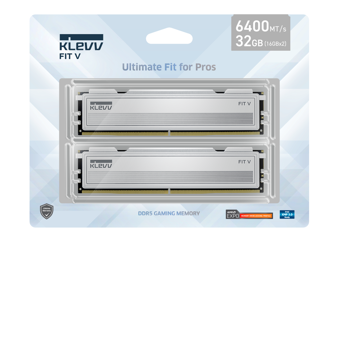 Verpakking van KLEVV FIT V DDR5 gaming geheugen. Twee zilveren RAM-sticks zijn zichtbaar. Tekst zegt 'Ultimate Fit for Pros'.