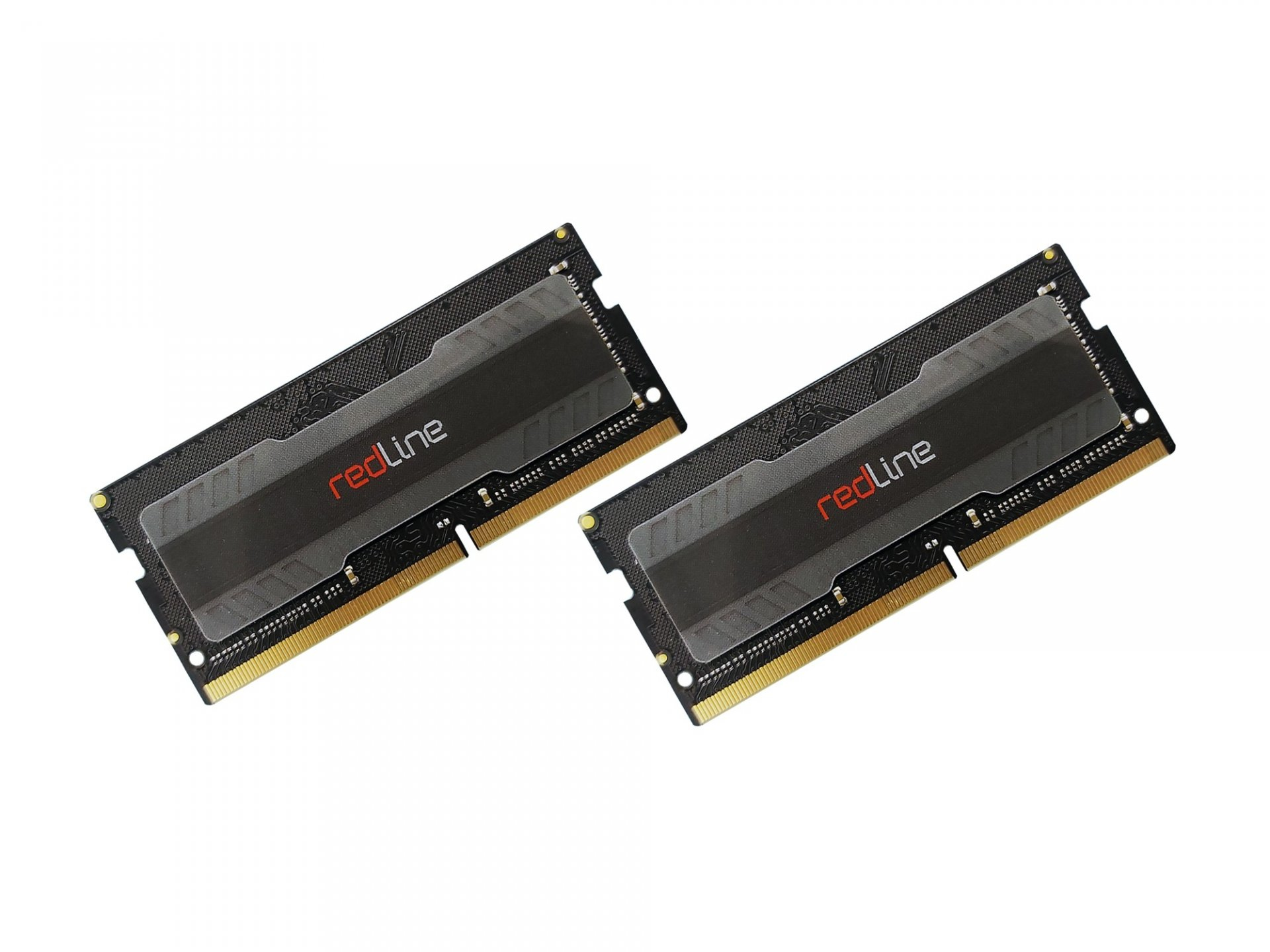 Due stick RAM neri con la scritta 'redline' in rosso. Hanno contatti dorati e coperture in plastica trasparente.