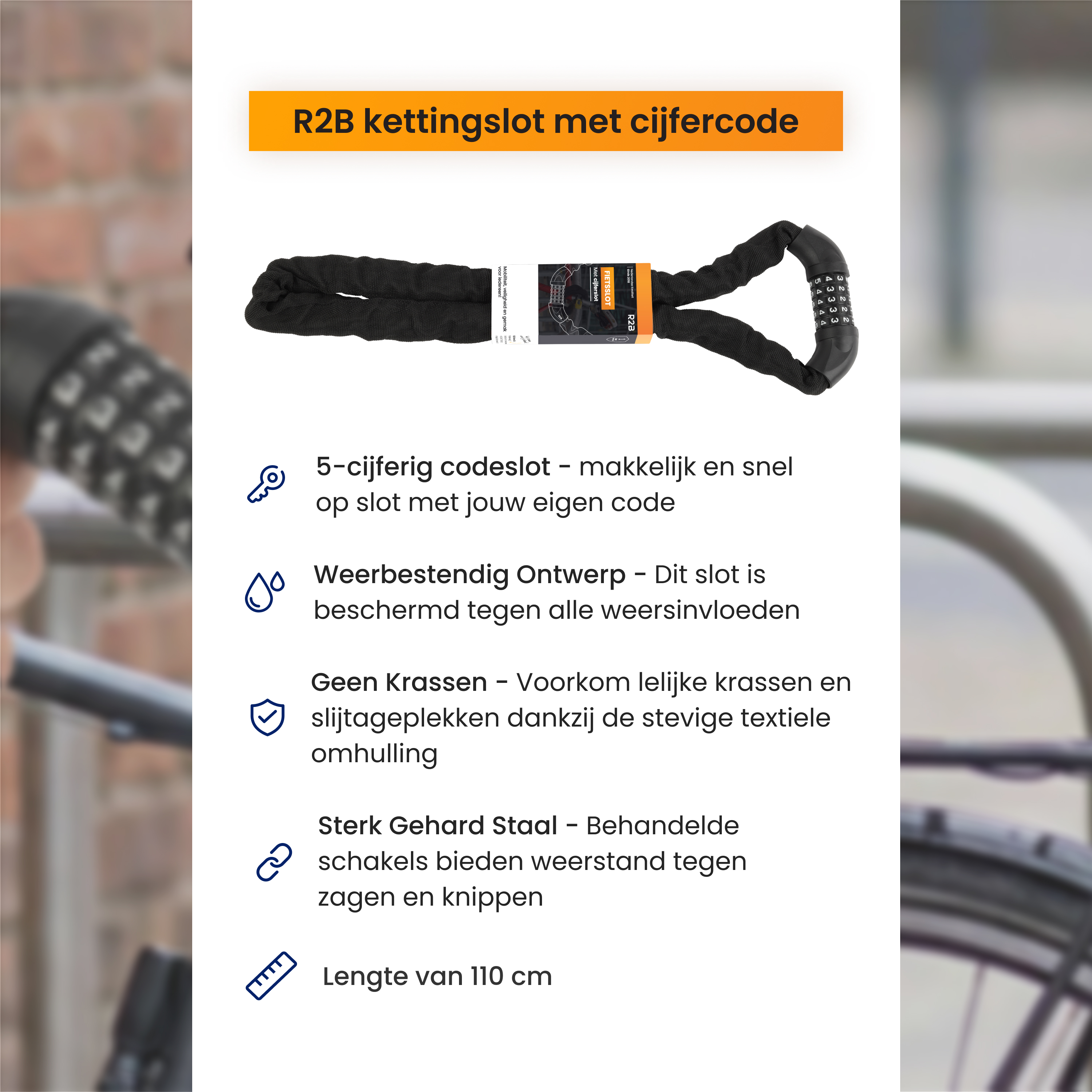 Das Bild zeigt ein schwarzes Fahrradschloss mit Zahlenschloss. Niederländischer Text beschreibt die Merkmale.