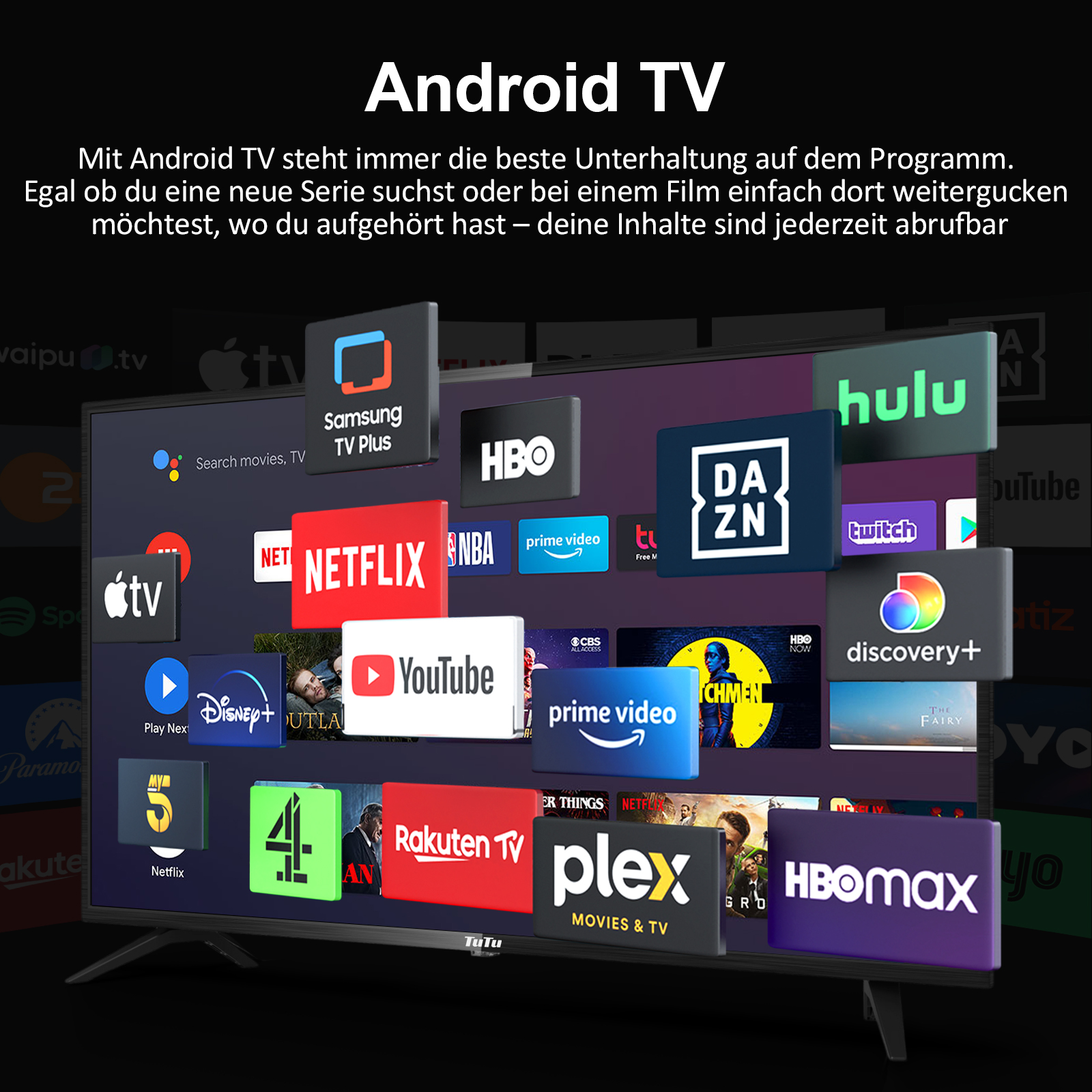 Android TV-Bildschirm mit App-Logos: Netflix, YouTube, Prime Video, Disney+, HBO und andere. Schwarzer Hintergrund.
