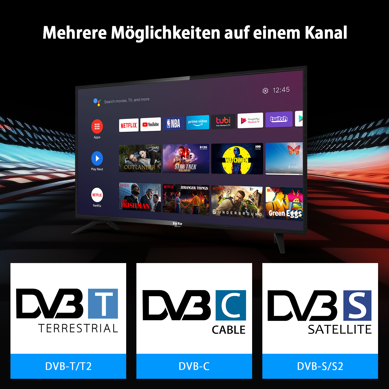 Ein Fernsehbildschirm zeigt Apps wie Netflix, YouTube und mehr. Unten sind DVB-T-, DVB-C- und DVB-S-Logos.