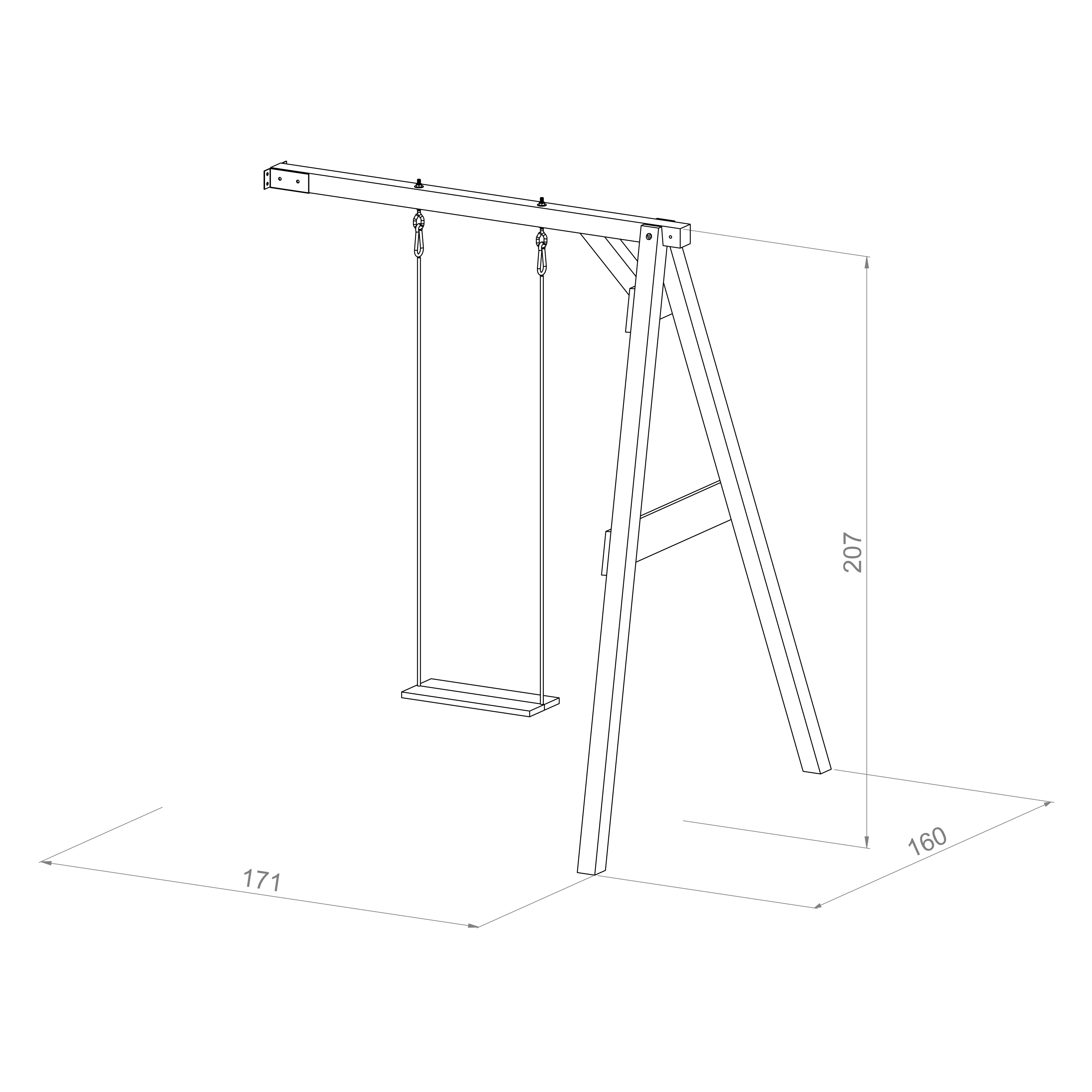 Strichzeichnung eines Schaukelgestells mit den Maßen: 171x160x207. Es hat ein Holzgestell und zwei Schaukeln.