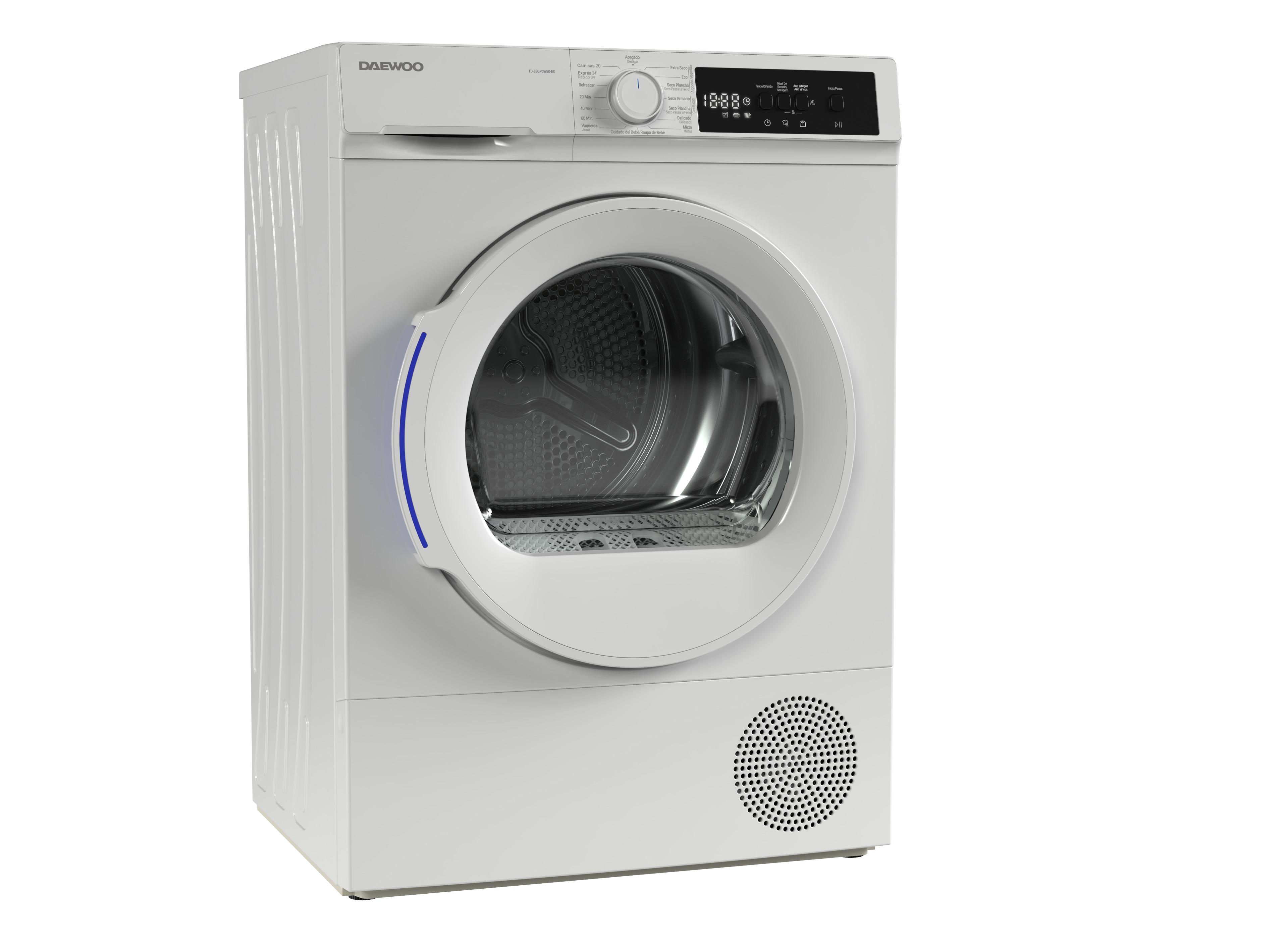 Una secadora Daewoo blanca. Tiene una puerta redonda y un panel de control con pantalla digital y botones.