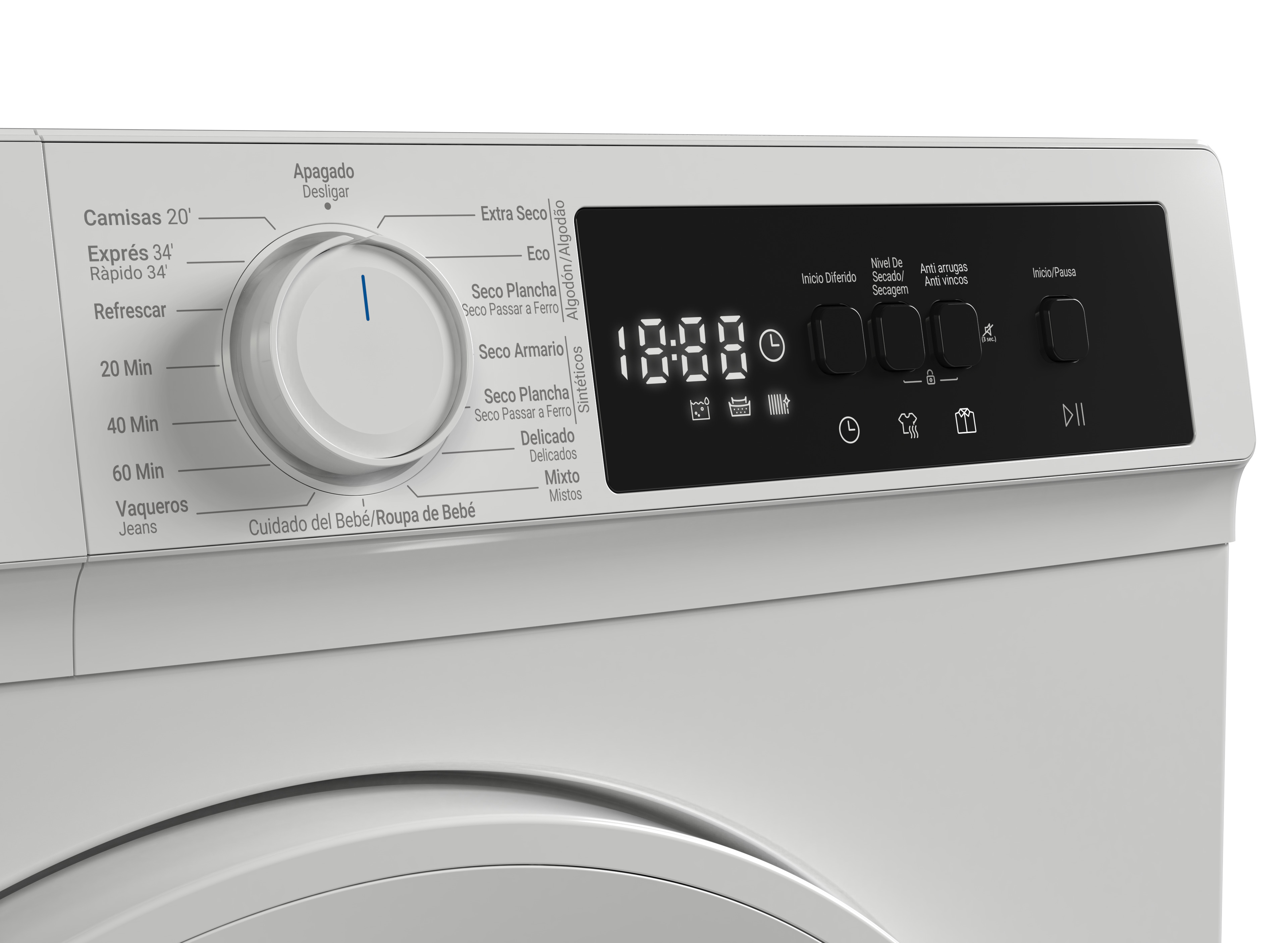 Panel de lavadora con dial, pantalla digital y botones, etiquetado en español. Dominan los colores blanco y negro.
