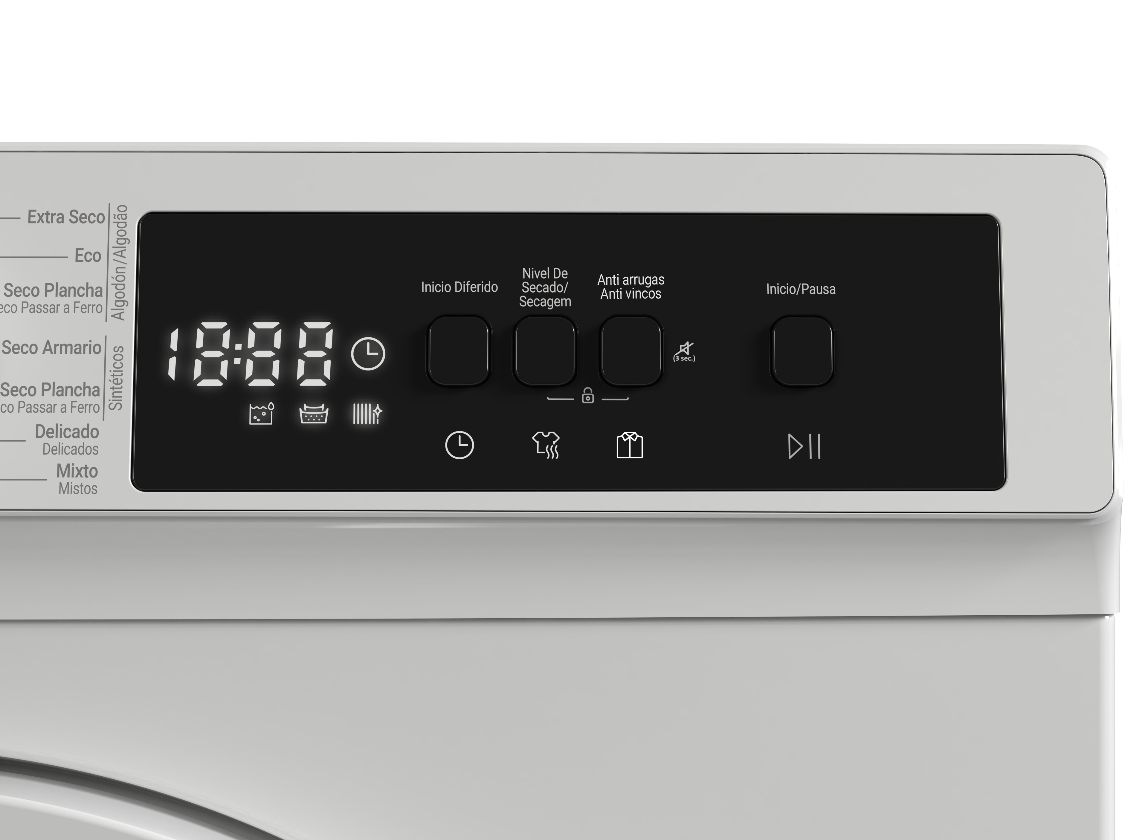 Primer plano del panel de control de una secadora que muestra una pantalla digital y varios botones con iconos.