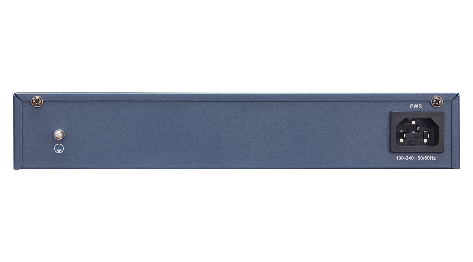 Ciemnoniebieski przełącznik sieciowy z wejściem zasilania, wskaźnikiem zasilania, symbolem uziemienia i śrubami na białym tle.