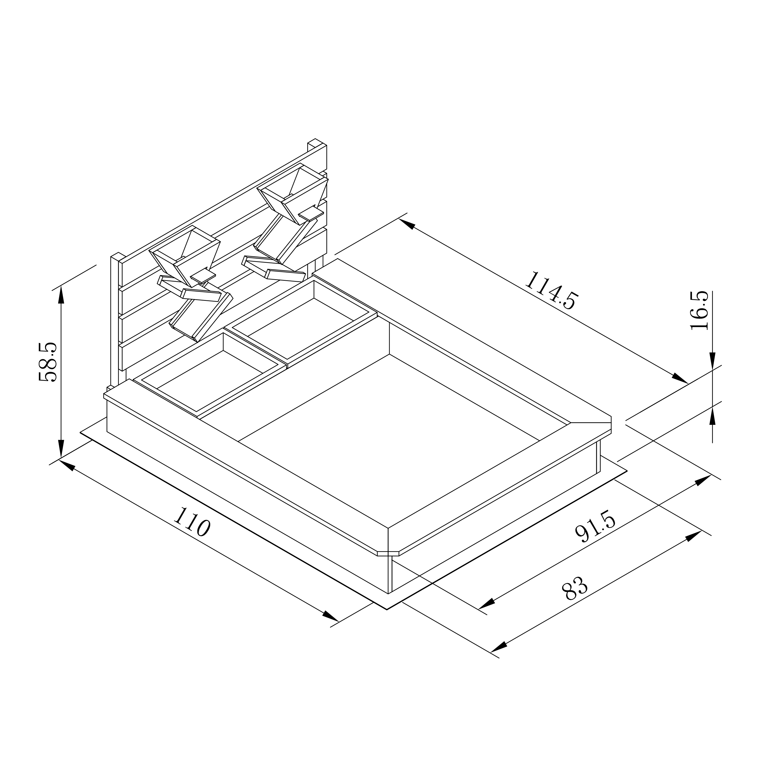 Ein Diagramm des Bettrahmens mit Abmessungen in Millimetern. Es hat ein Kopfteil mit Regalen und zwei rechteckigen Räumen.
