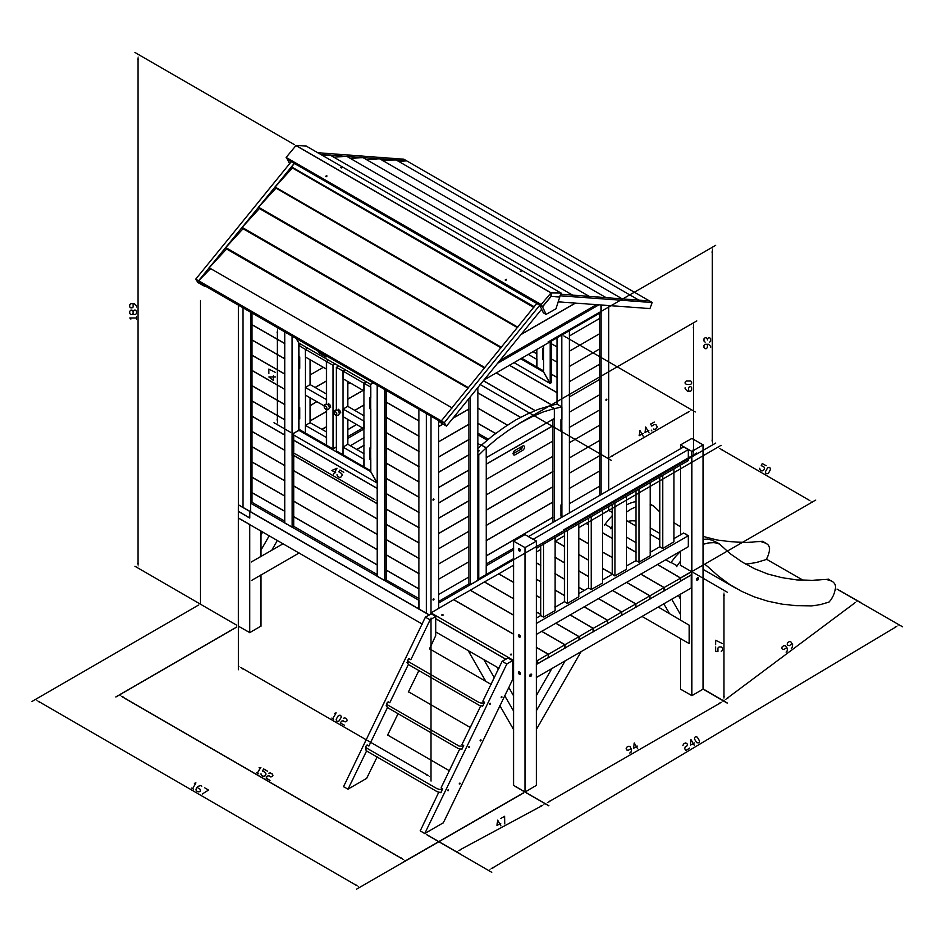 Isometrische Ansicht eines Holzspielhauses mit Treppe, Balkon und Rutsche. Maße sind im Bild angegeben.